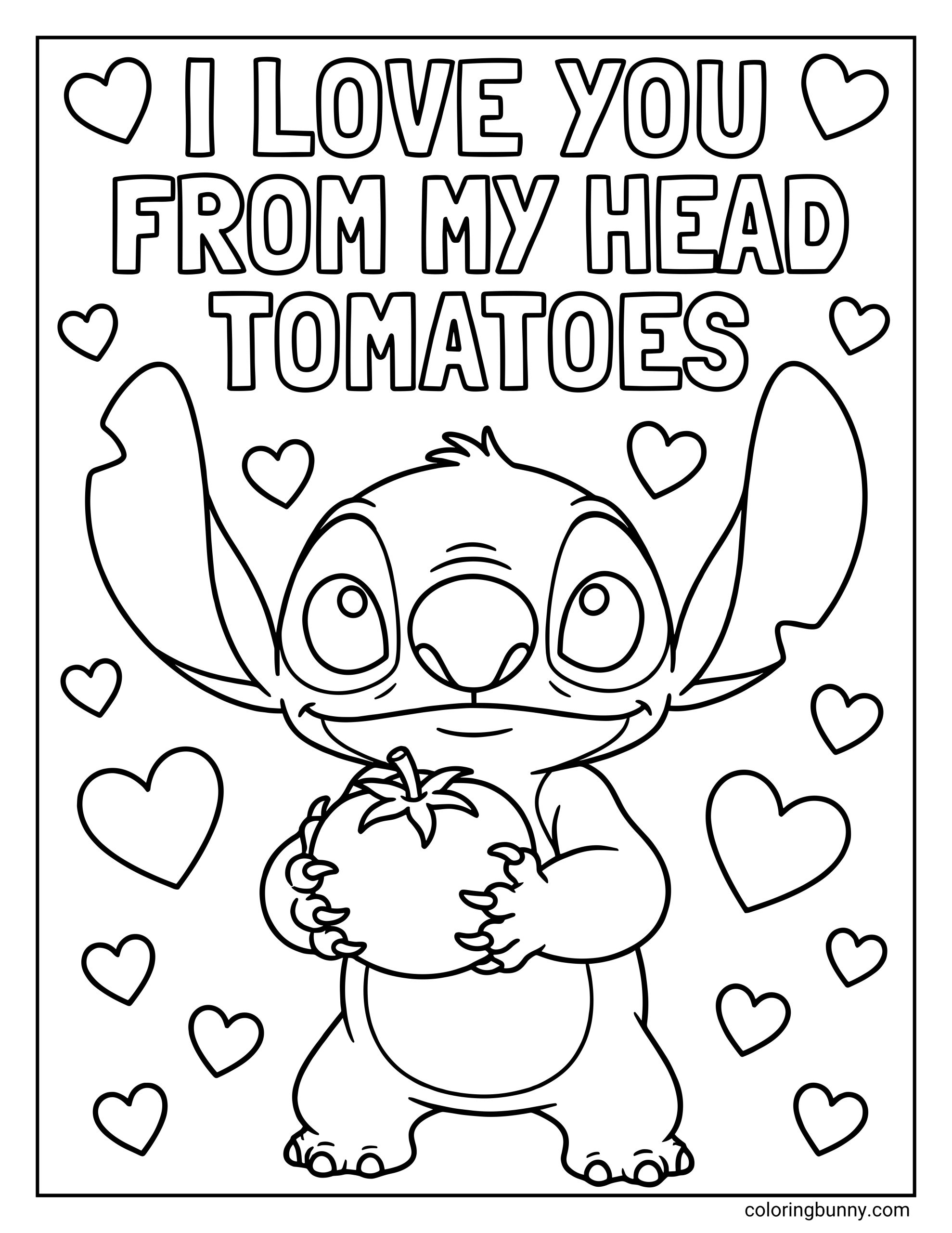Kids Valentine coloring sheet featuring Stitch holding a tomato, surrounded by hearts, with the phrase “I love you from my head tomatoes.”