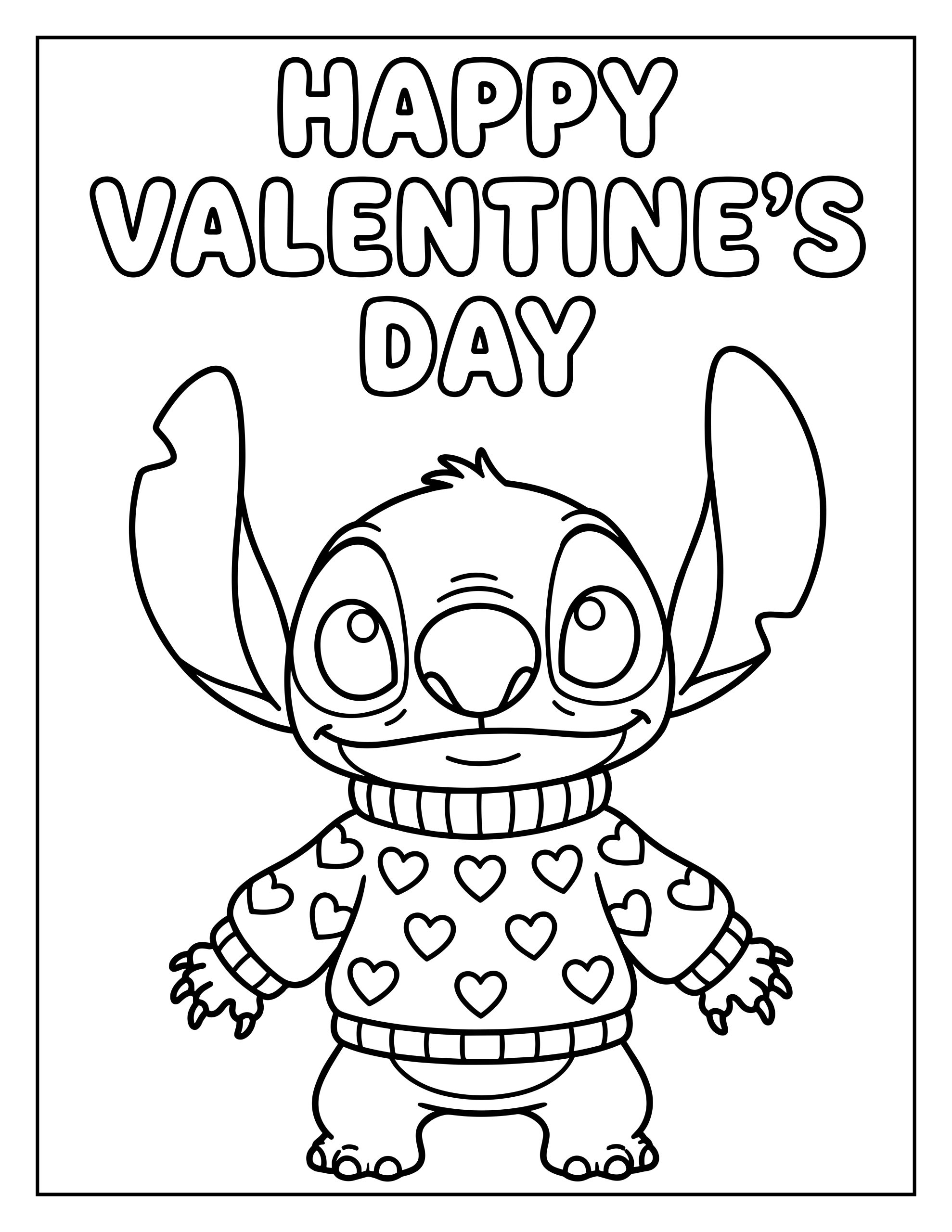 A simple kids coloring page of a smiling Stitch wearing a jumper patterned with small hearts under a "HAPPY VALENTINE'S DAY" heading.