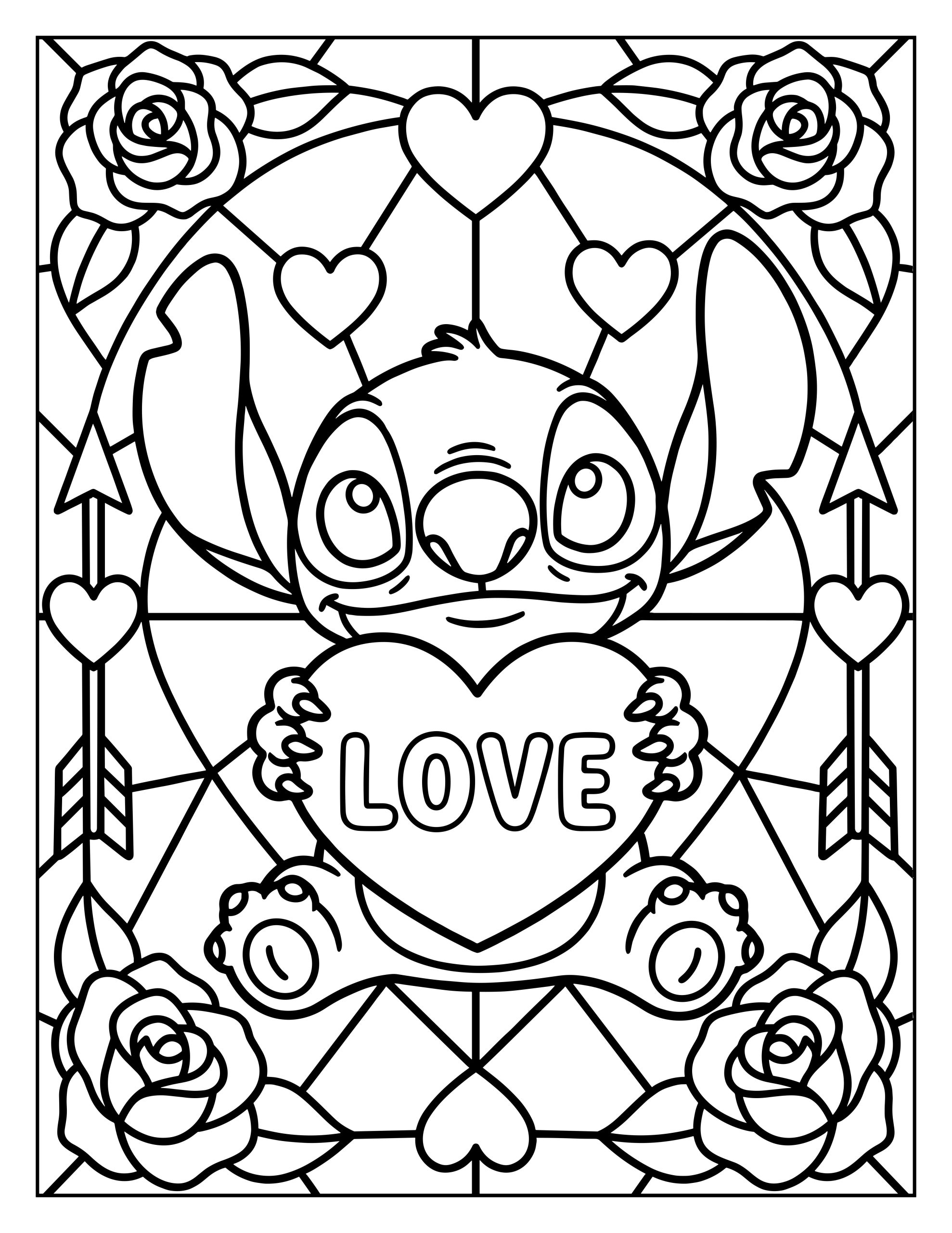 A stained glass-style coloring page of Stitch holding a large heart that says "LOVE," surrounded by roses, arrows, and floating hearts within geometric glass panels.