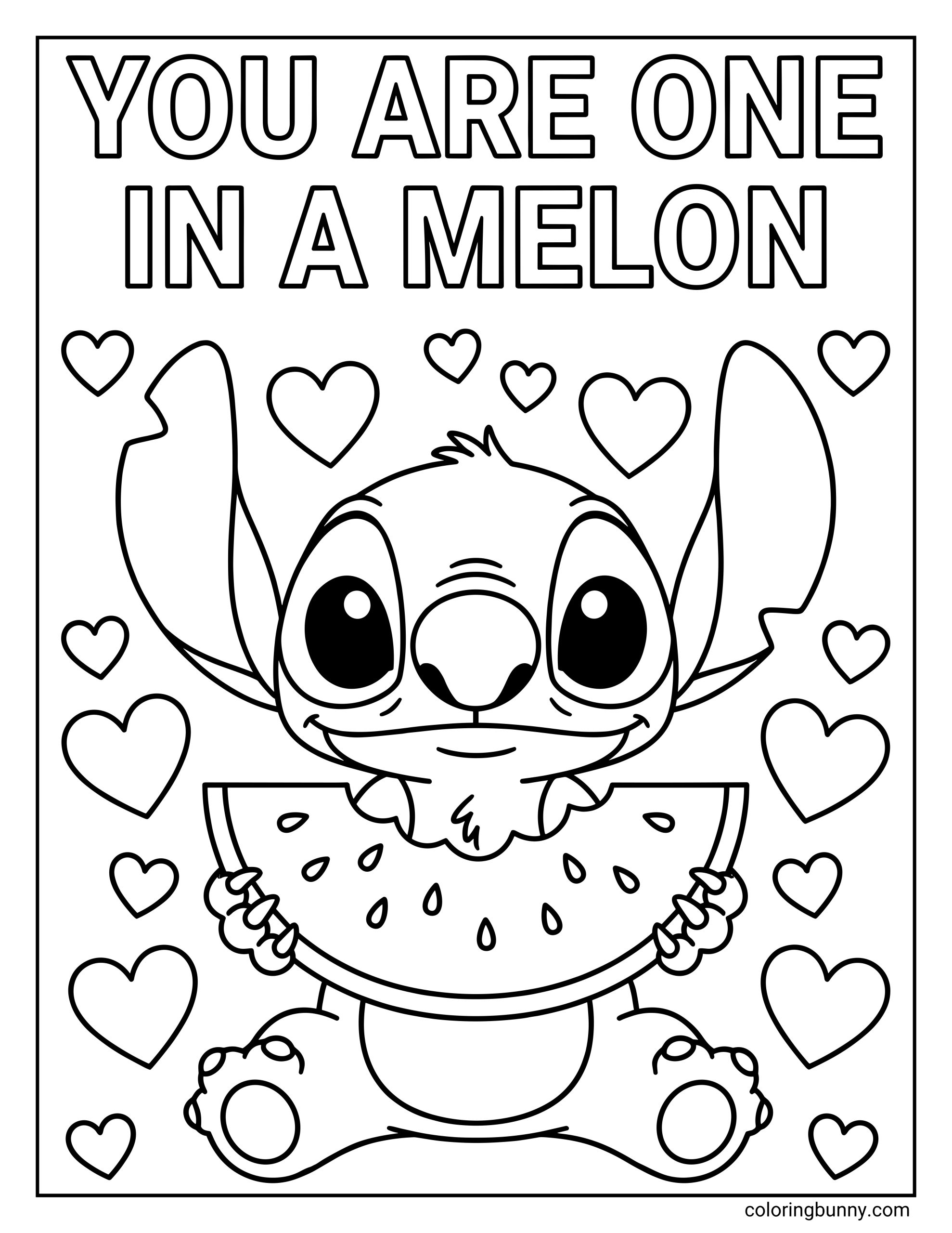 An easy coloring sheet of Stitch holding watermelon for Valentine’s Day, with heart decorations and a cute melon-themed love pun.