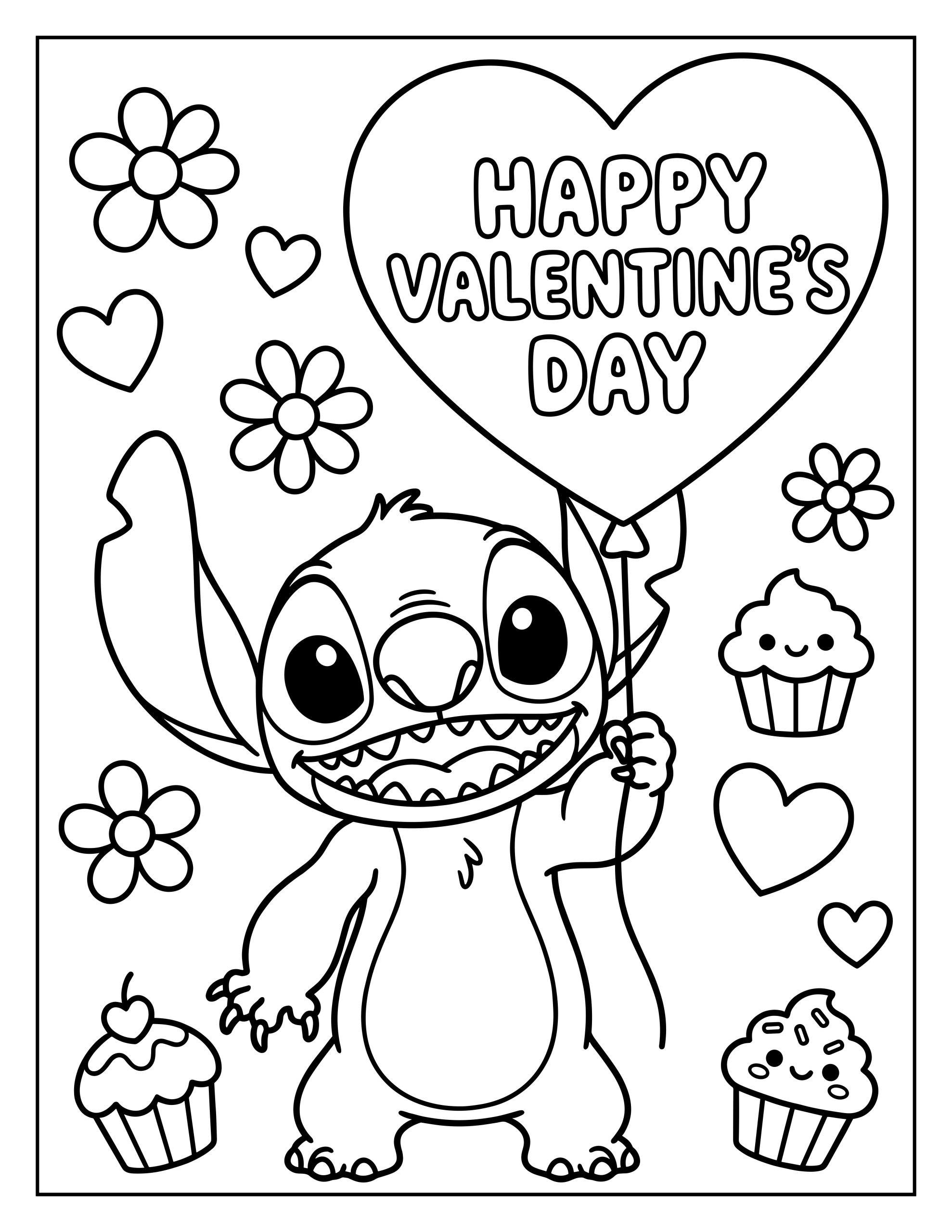 A fun coloring sheet showing Stitch holding a large heart-shaped balloon that reads "HAPPY VALENTINE'S DAY," surrounded by smiling cupcakes, flowers, and hearts.