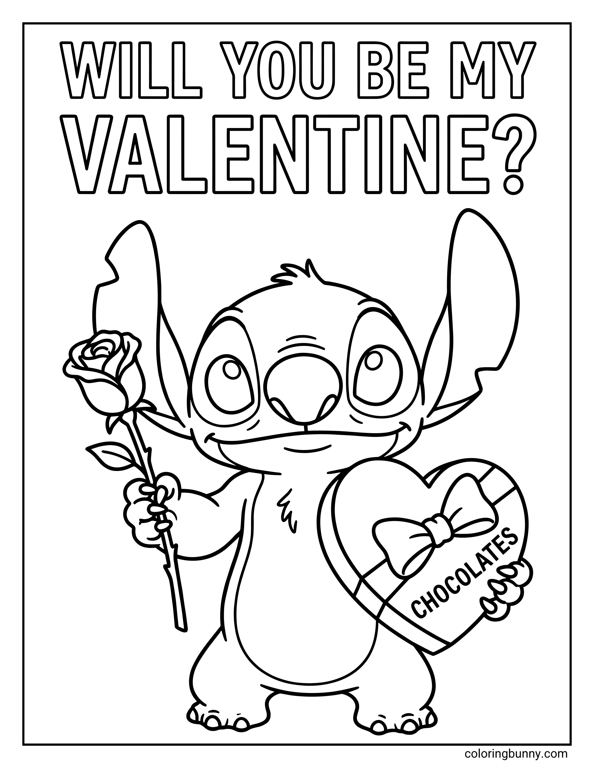 An easy Valentine coloring sheet of Stitch standing happily with a rose and chocolate heart box, inviting kids to color a playful Valentine scene.