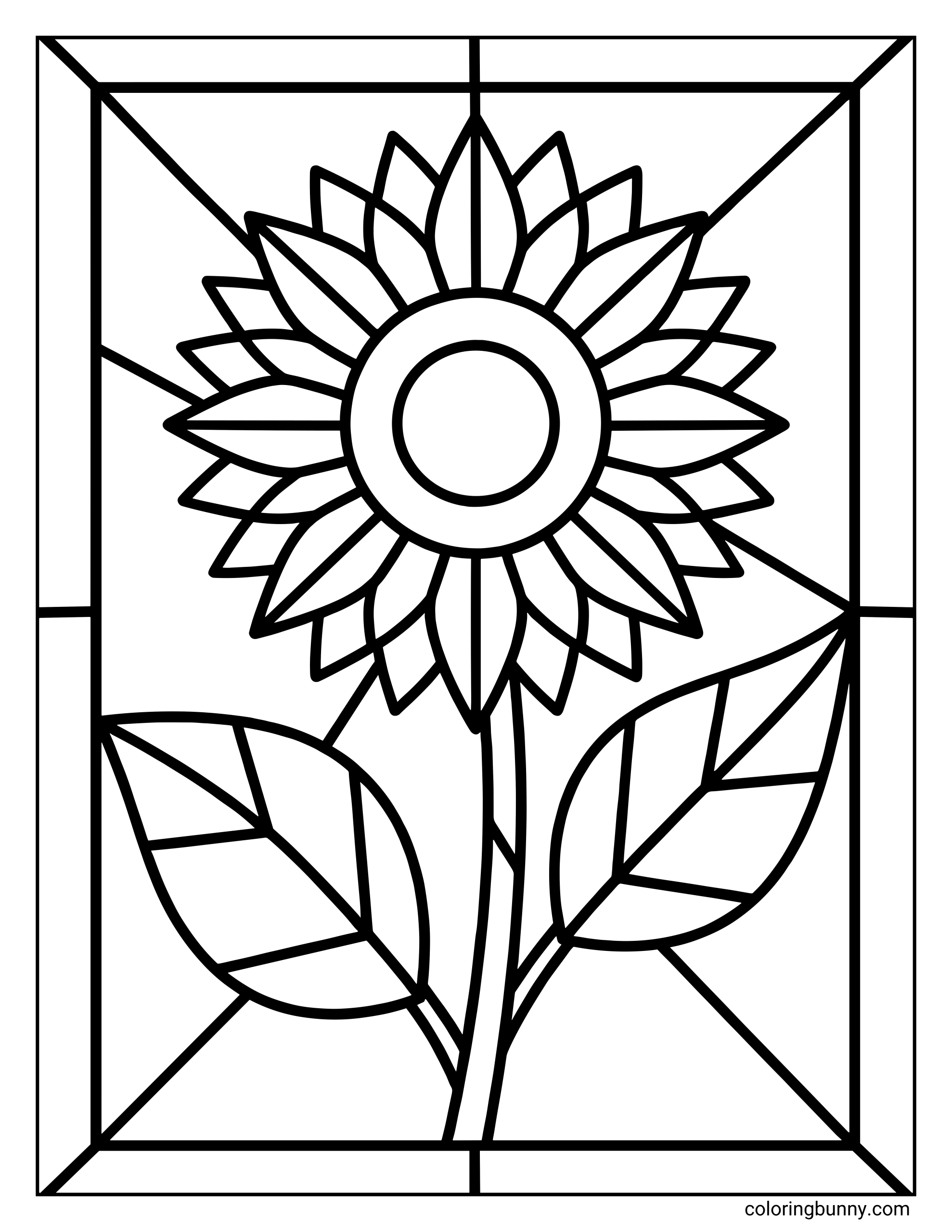 A sunflower stained glass coloring page featuring a large sunflower bloom with layered petals and leaves, divided into geometric sections inside a bold stained-glass-style frame.