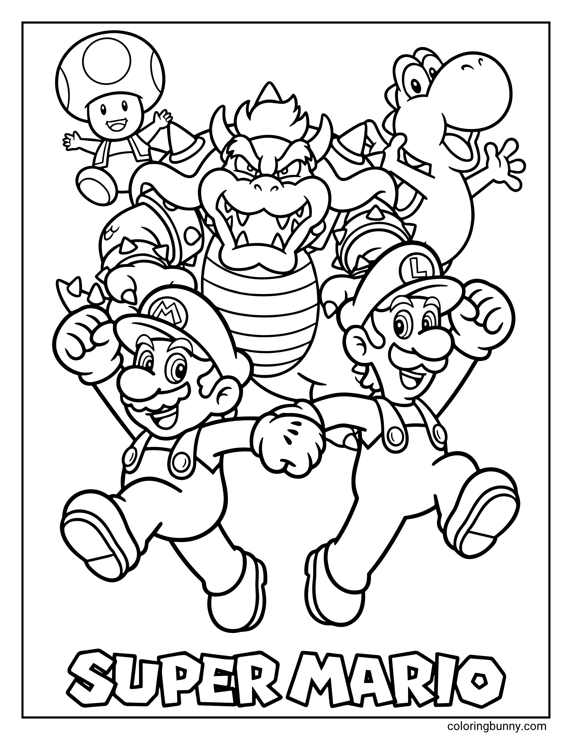 A coloring page featuring a group of iconic Super Mario characters. In the foreground, Mario and Luigi are running and jumping with joyful expressions. Behind them, Bowser looms large with a toothy grin, flanked by a waving Toad and a happy Yoshi. The text "SUPER MARIO" is written in block letters at the bottom.