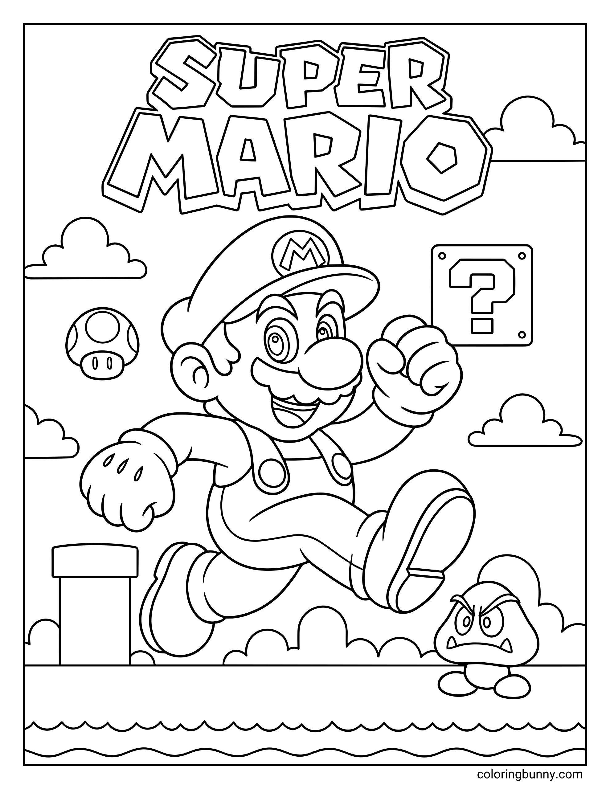 A coloring page featuring Mario mid-stride as he runs through a classic level under a large "SUPER MARIO" logo. The scene includes a grumpy Goomba, a Question Mark Block, a Super Mushroom, and a Warp Pipe set against a backdrop of fluffy clouds and rolling hills.
