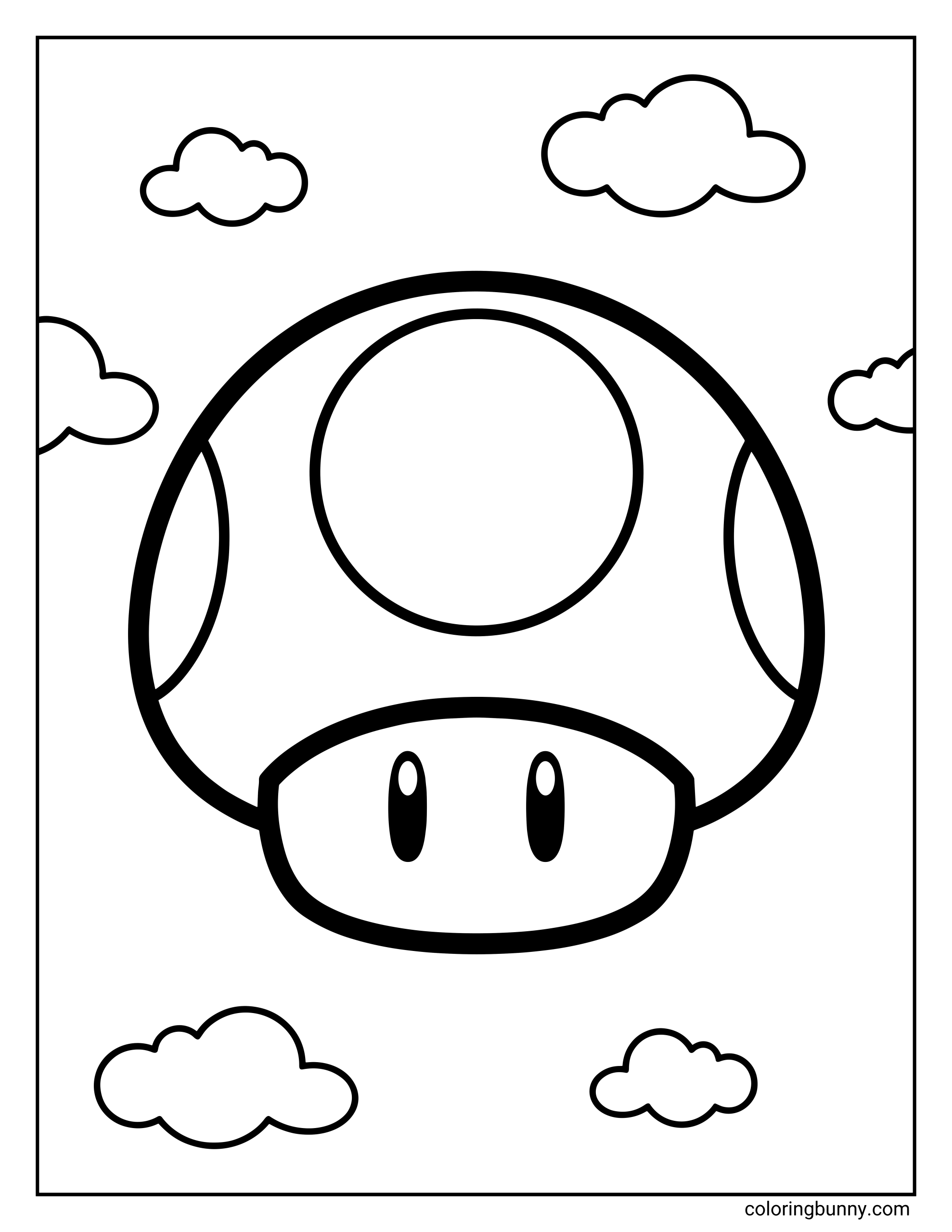 A Super Mushroom coloring page from the Mario universe featuring the large, iconic mushroom power-up centered on the page. The mushroom has a rounded cap with circular spots and a simple, friendly face, floating among fluffy clouds.