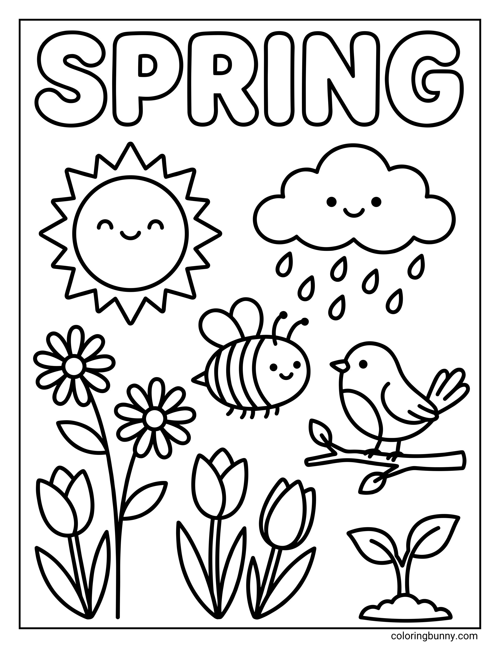 A simple Spring coloring page featuring the text "SPRING" above a smiling sun, smiling rain cloud, a flying bee, a bird on a branch, tulips, and daisies.