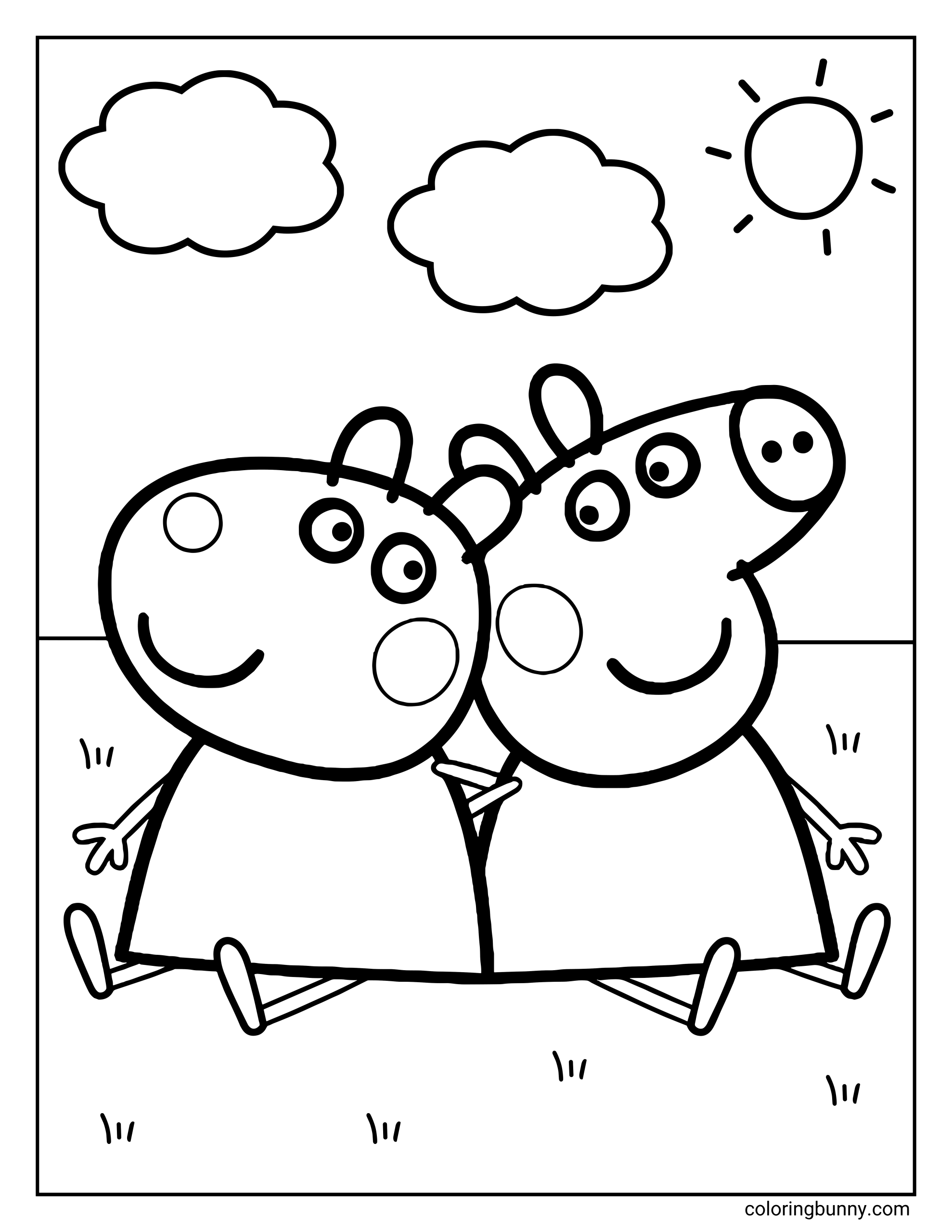 A Peppa Pig coloring page showing Peppa Pig and Suzy Sheep sitting closely together outdoors, smiling and leaning against each other with their arms around one another. The scene includes a simple grassy ground with small grass tufts, a horizon line, two fluffy clouds in the sky, and a smiling sun in the top right corner.