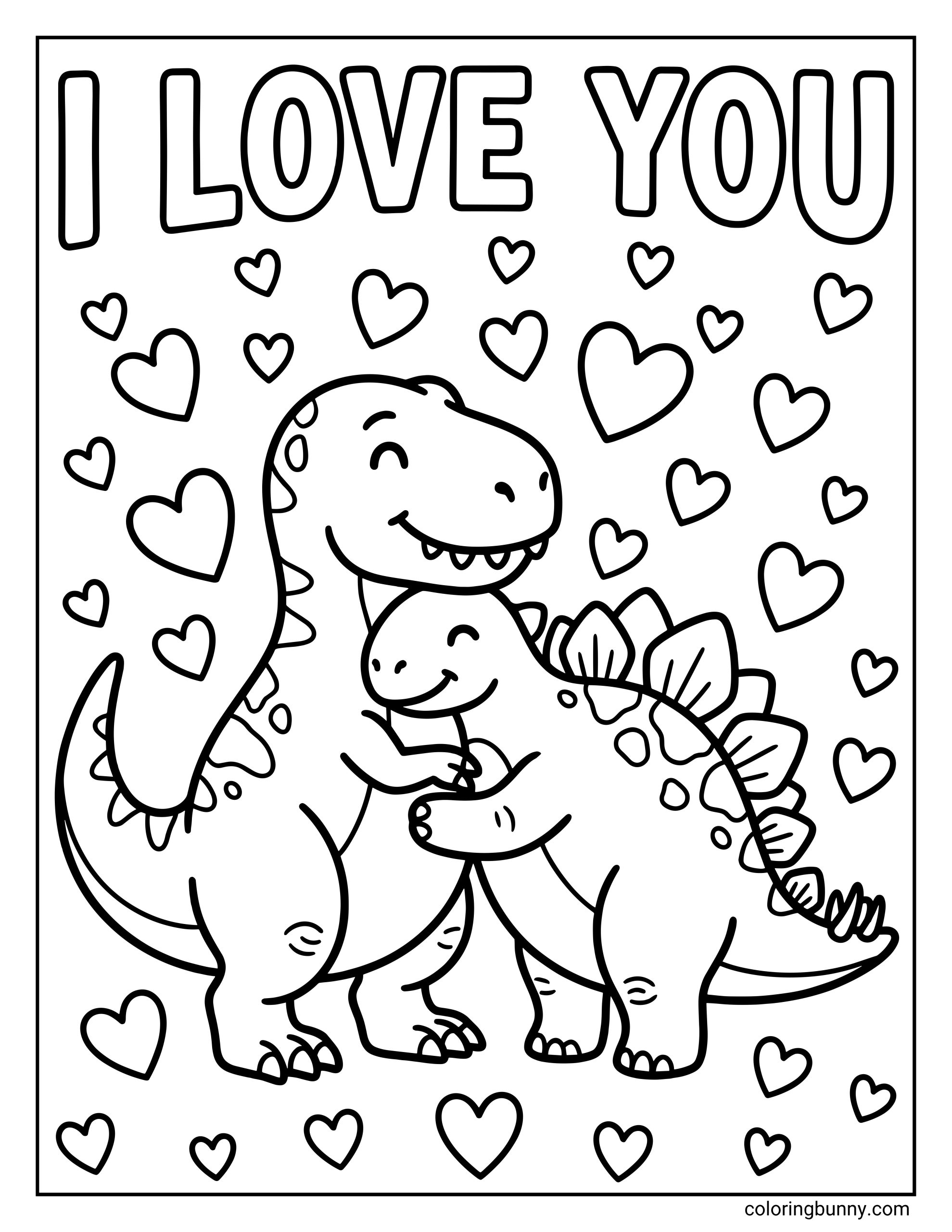 An i love you coloring page featuring a T-Rex and a Stegosaurus hugging under the text "I LOVE YOU," surrounded by many small hearts.