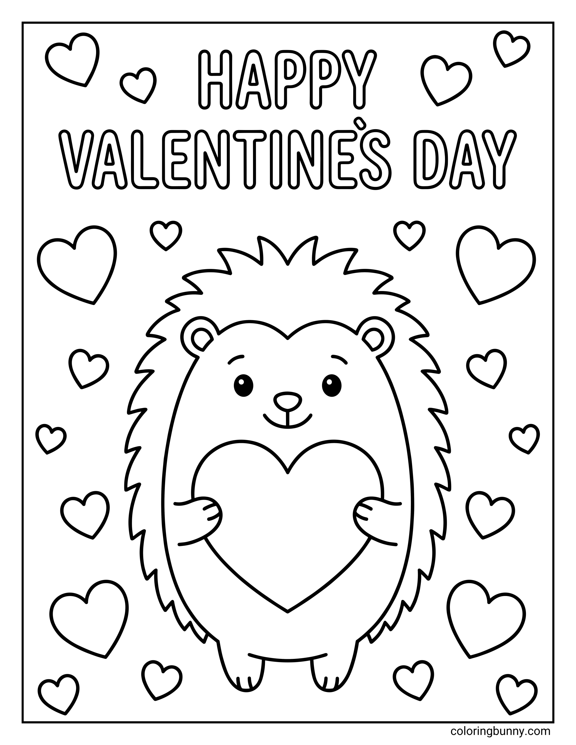 Happy Valentines Day coloring page featuring a cute hedgehog holding a large heart under the text 'HAPPY VALENTINES DAY' surrounded by floating love hearts.