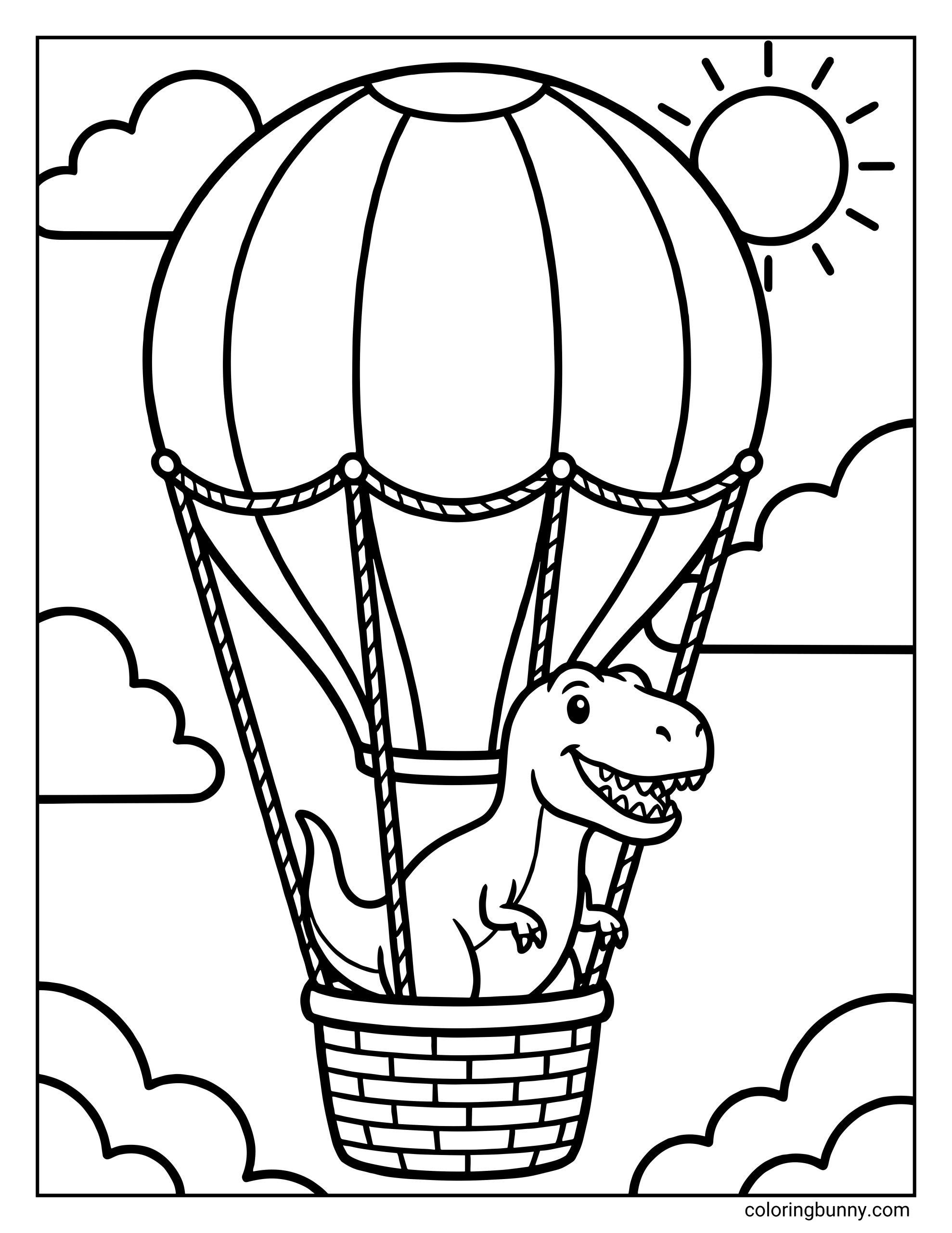 A cute T-Rex dinosaur coloring page showing a smiling Tyrannosaurus Rex riding in a hot air balloon basket, floating through the sky with clouds and sunshine.