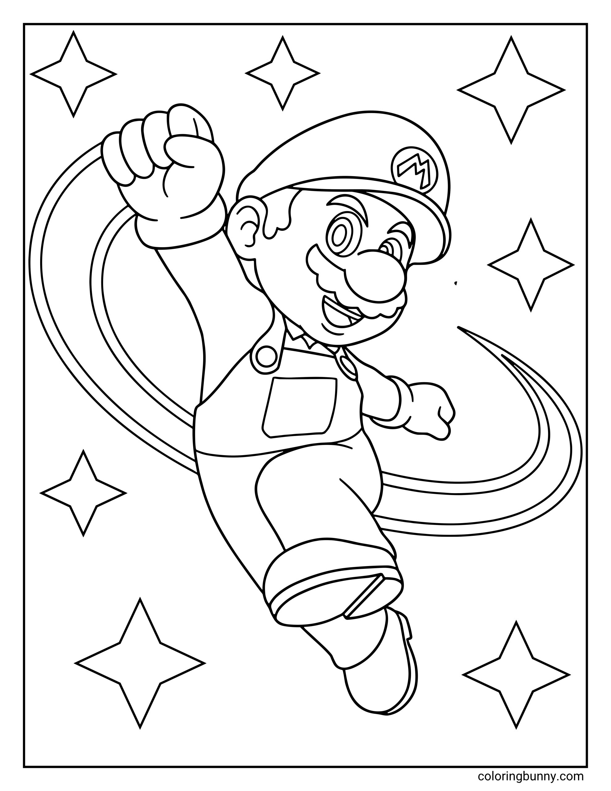 A simple coloring page from The Super Mario Galaxy Movie showing Mario leaping through the air. He is surrounded by large, shining stars and a swirling energy trail.