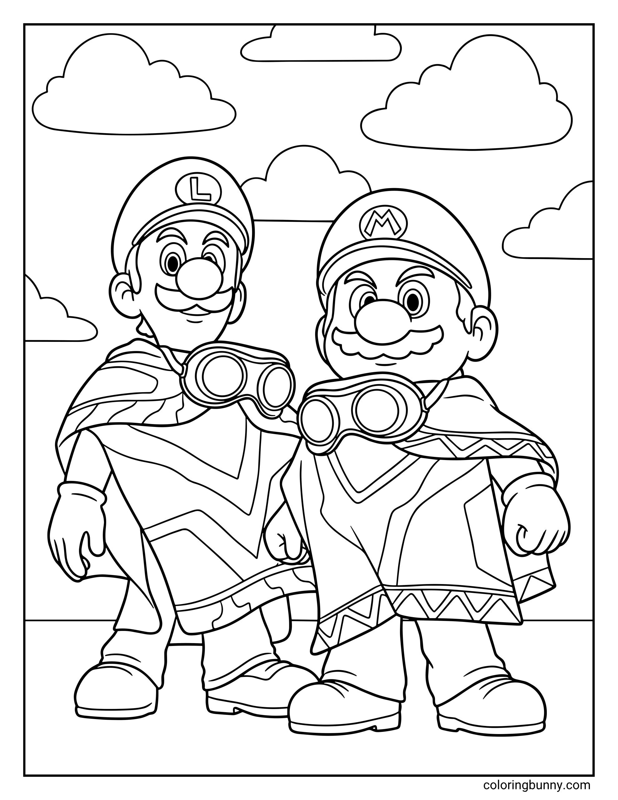 A coloring page from The Super Mario Galaxy Movie featuring Mario and Luigi wearing ponchos and binoculars. The brothers stand together in front of a simple sky filled with fluffy clouds.