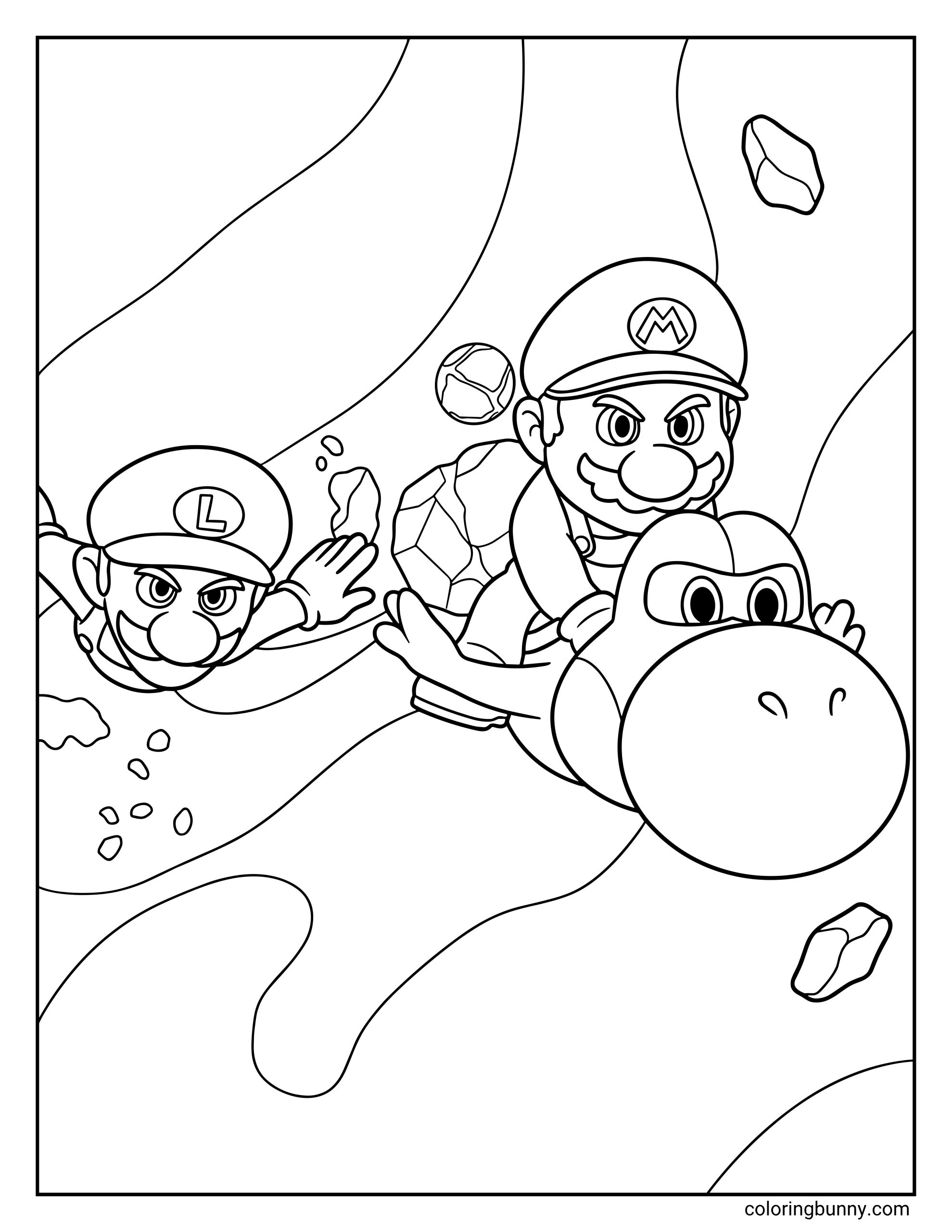 A Super Mario Galaxy Movie coloring page featuring Mario riding Yoshi while Luigi flies alongside them. They are soaring through a cosmic landscape filled with floating space rocks and stardust trails.