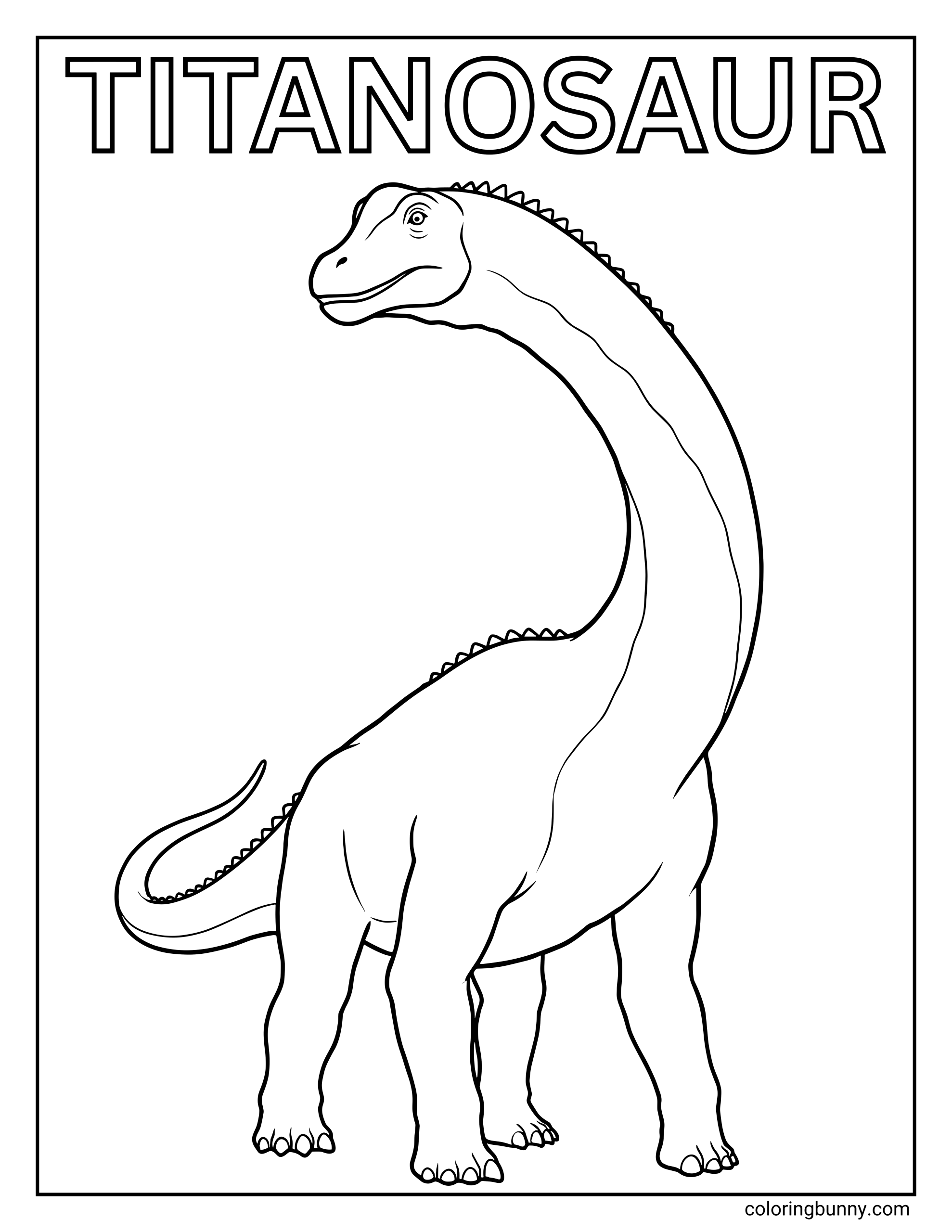 A Titanosaur dinosaur coloring page showing a tall, long-necked dinosaur standing proudly, with smooth outlines and a bold “TITANOSAUR” title at the top.