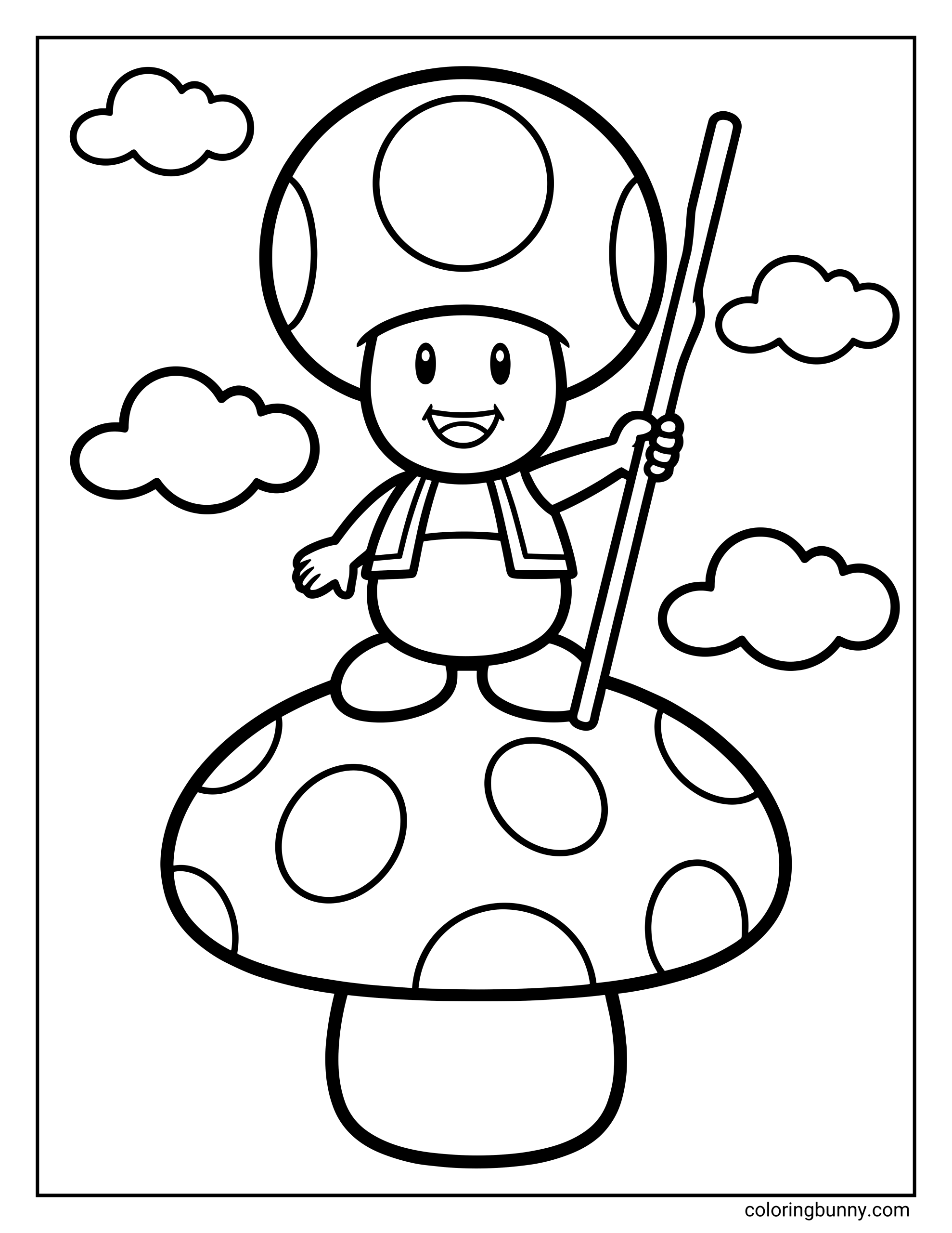 A Toad coloring page from the Mario universe featuring Toad standing proudly on top of a large spotted mushroom. Toad smiles cheerfully while holding a long pole, with fluffy clouds floating around him in the sky. The simple, centered composition and bold, clean outlines make the page easy to color.