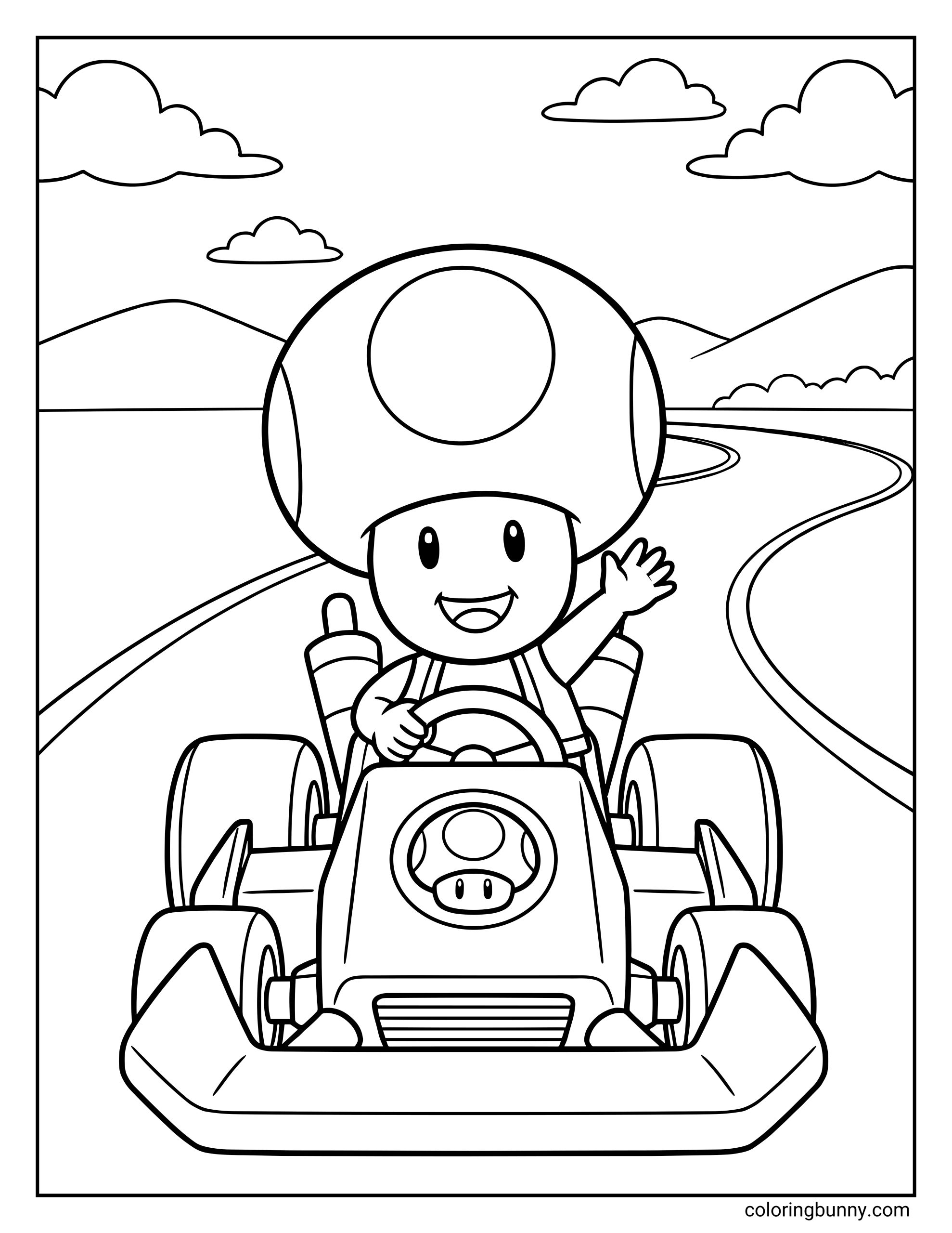 A Mario Kart coloring page featuring Toad driving a go-kart along a winding racetrack. Toad smiles brightly and waves with one hand while steering with the other, wearing his signature mushroom cap. The background shows rolling hills, curved track lines, and fluffy clouds, all drawn with clean outlines.