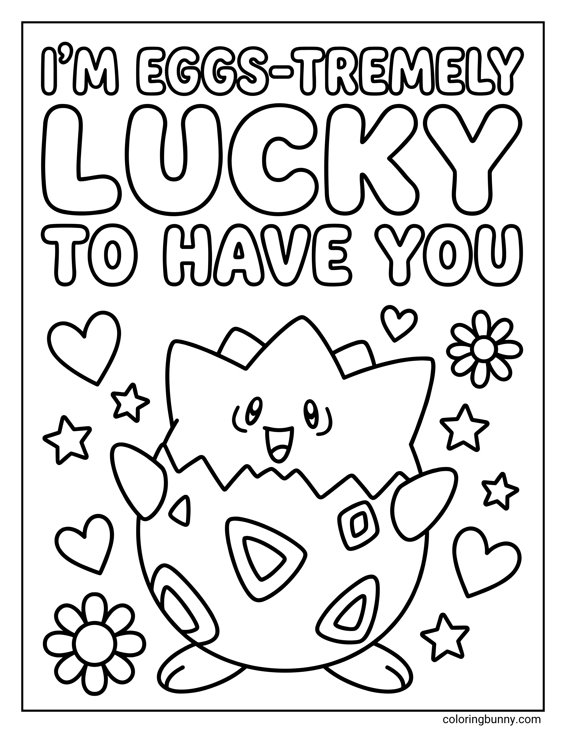 A pokemon valentines day coloring page of the Pokémon Togepi smiling with arms out, surrounded by stars, hearts, and flowers, featuring the text 'I'M EGGS-TREMELY LUCKY TO HAVE YOU'.