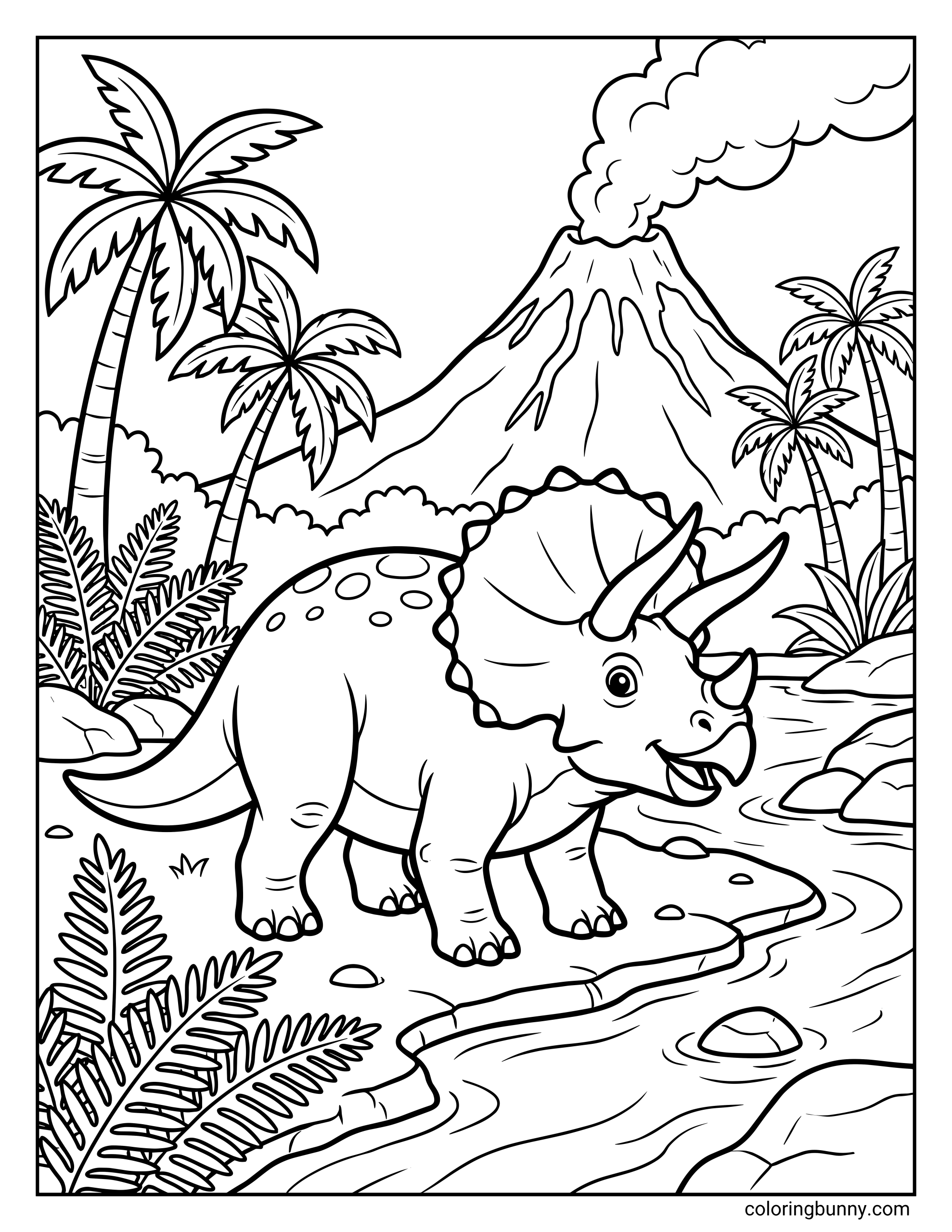A Triceratops dinosaur coloring page showing a cheerful Triceratops walking through a prehistoric jungle with palm trees, ferns, a flowing river, and a smoking volcano in the background.