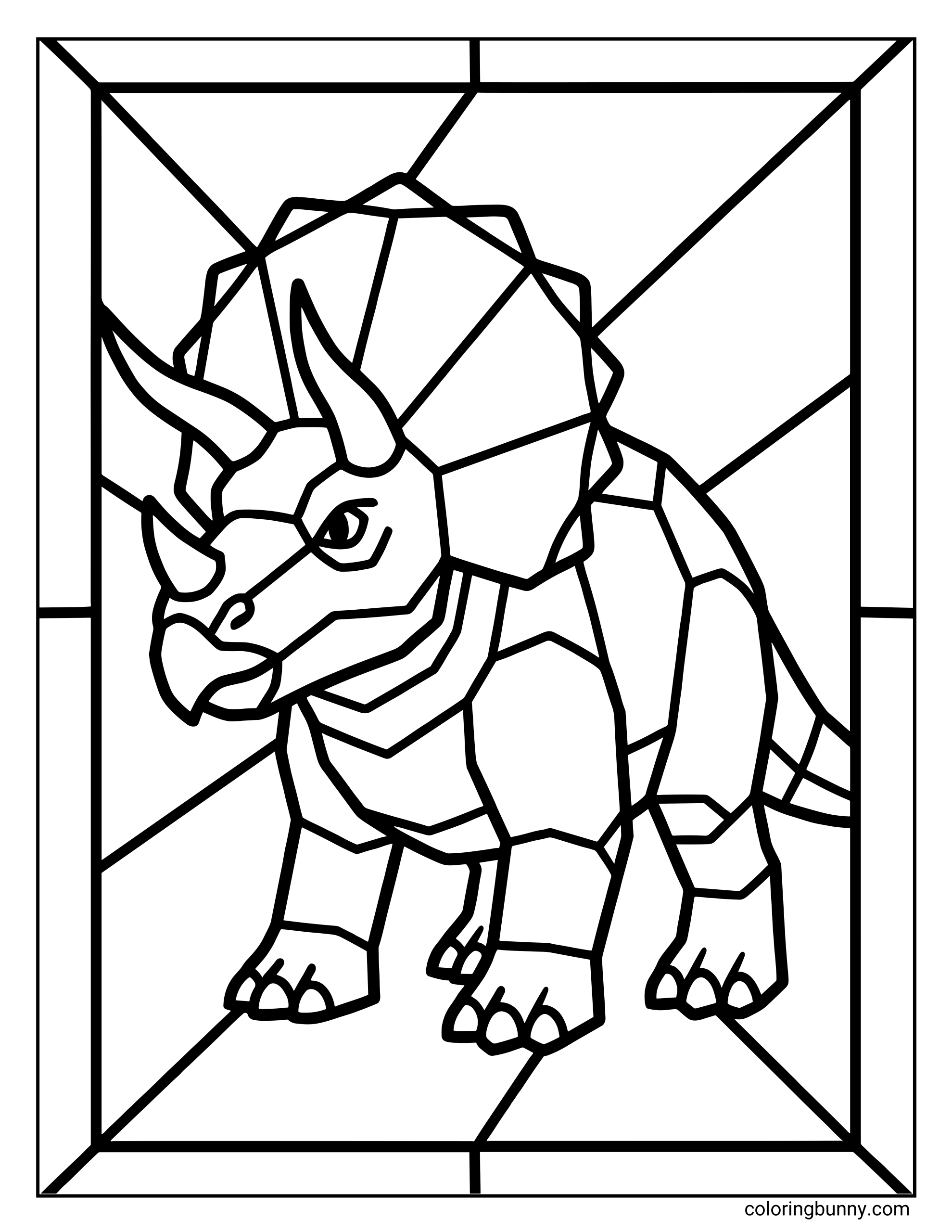 A Triceratops dinosaur stained glass coloring page featuring a strong Triceratops with three horns, a large frill, and bold geometric shapes framed in a stained-glass window style.