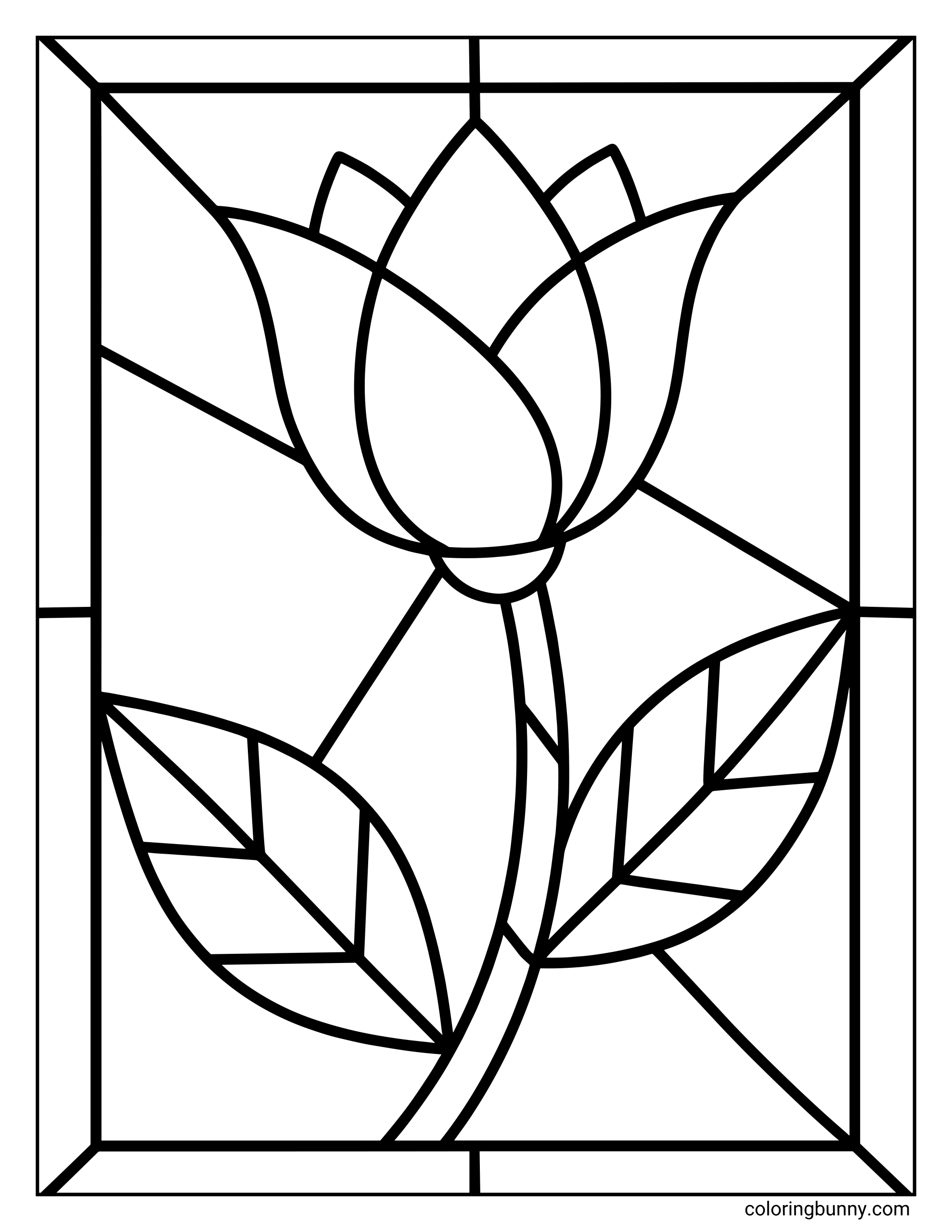 A stained glass tulip coloring page showing a single tulip bloom and leaves divided into clean geometric sections, framed like a stained glass window with bold outlines.