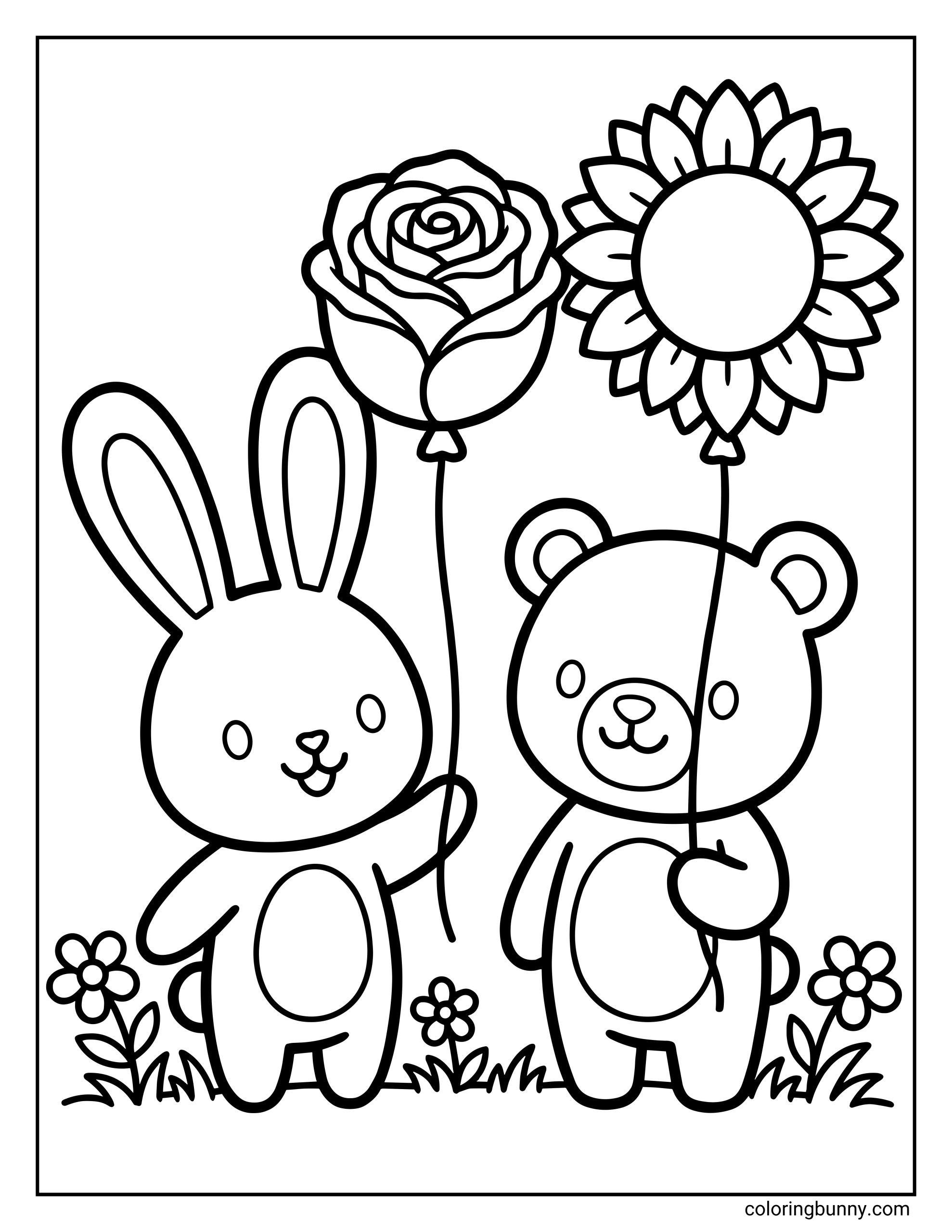 A cute coloring page showing a bunny and a teddy bear holding flower-shaped balloons, with one balloon shaped like a rose and the other like a sunflower, standing together in a grassy scene with small flowers.