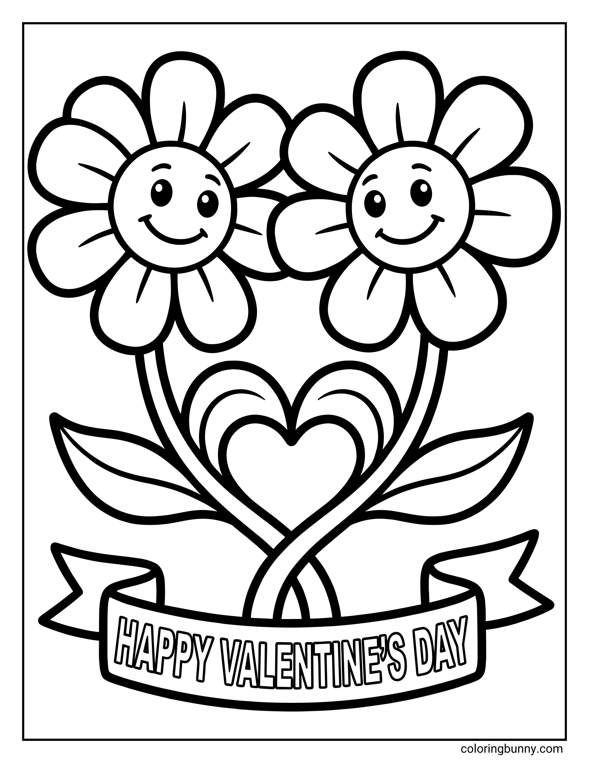 A Valentine’s Day flower coloring page showing two smiling flowers with intertwined stems forming a heart, leafy details, and a banner reading “Happy Valentine’s Day,” drawn in bold outlines.