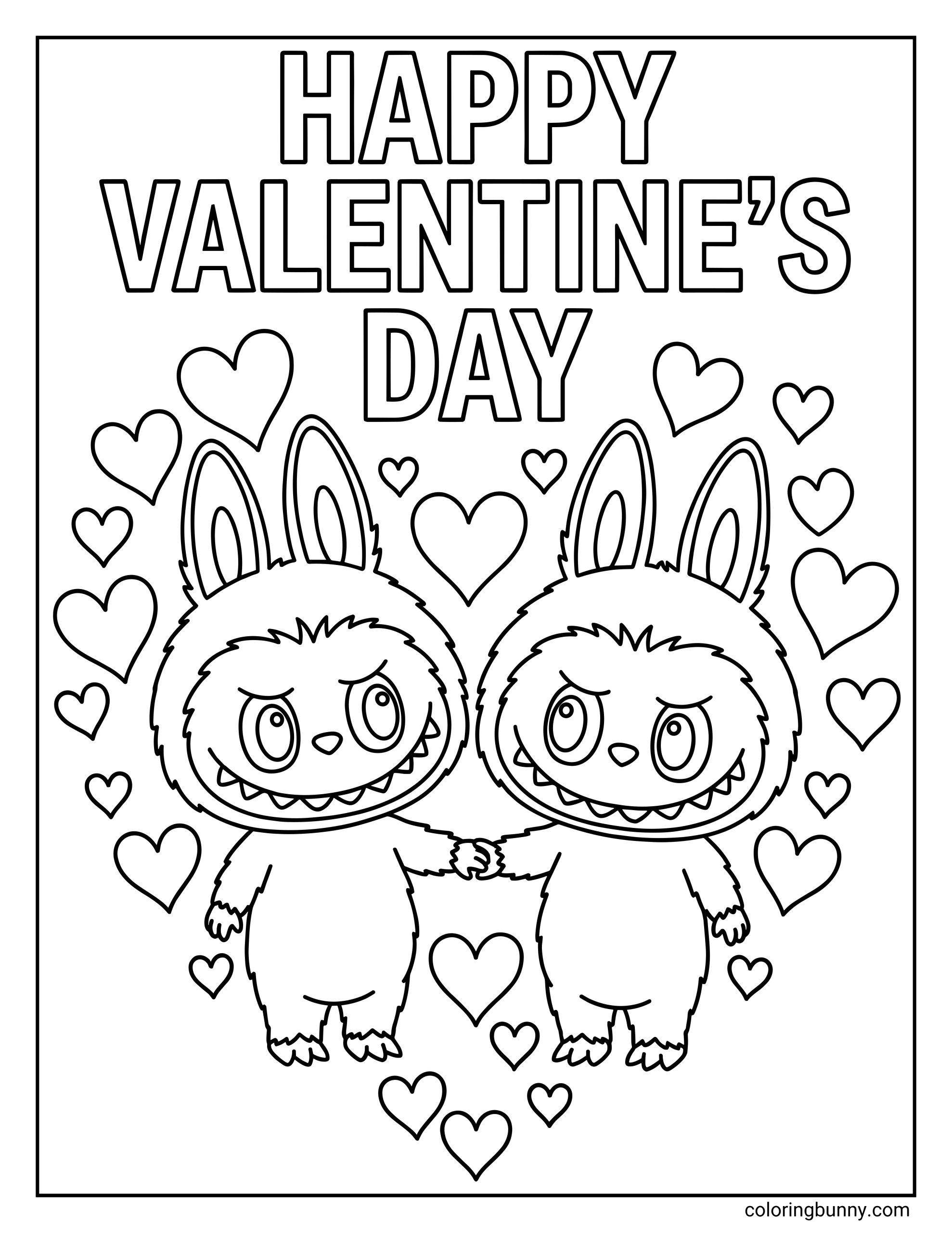 A kids coloring page of two Labubu-style dolls holding hands on Valentine’s Day, surrounded by lots of floating hearts and a Happy Valentine’s Day message