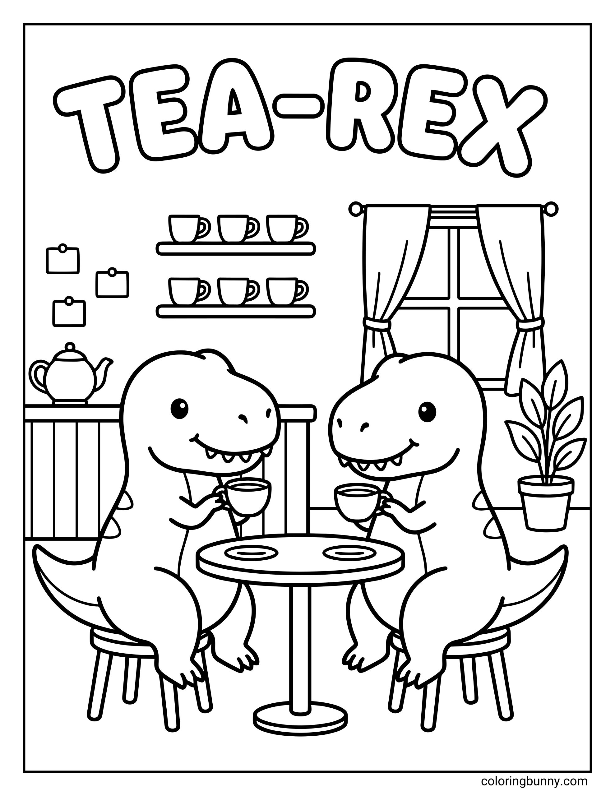 A cute dinosaur coloring page showing two friendly T-Rexes sitting at a café table, drinking tea inside a cozy tea room with shelves of cups, a teapot, a window with curtains, and a potted plant. The funny text 'TEA-REX' appears above.
