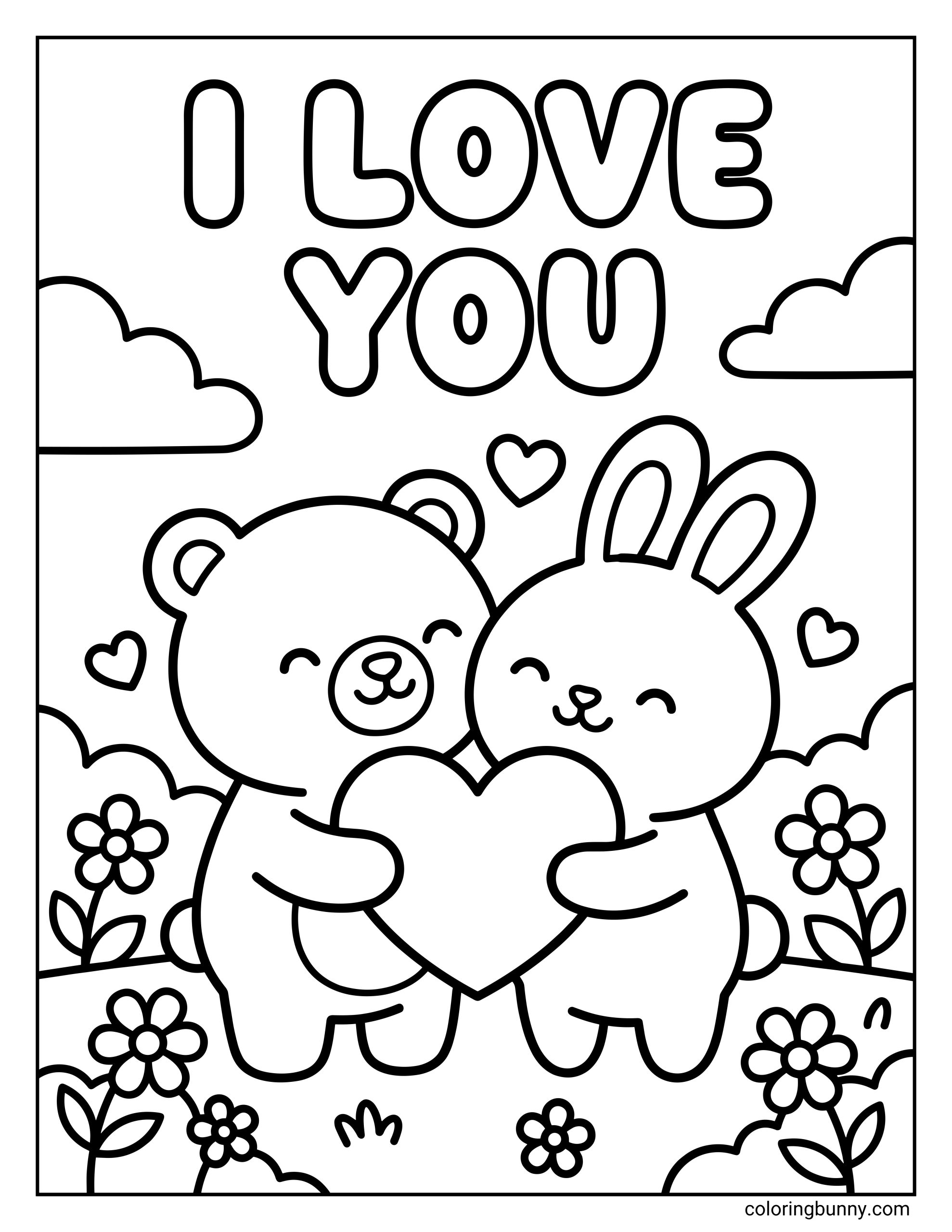 A i love you coloring page featuring a cute bear and rabbit holding a large heart together in a flower garden beneath the words "I LOVE YOU."