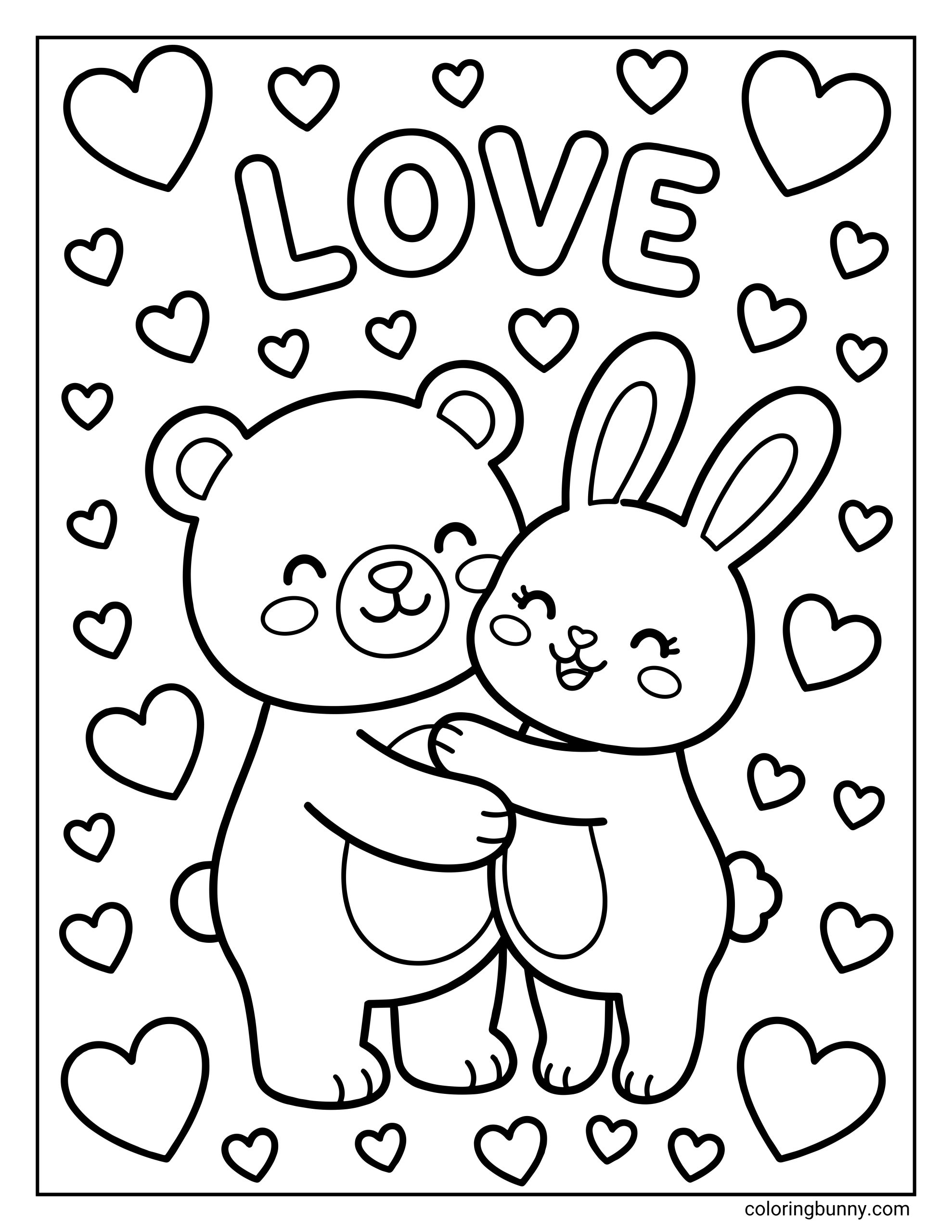 A hearts coloring page of an adorable bear and bunny rabbit sharing a hug beneath the bubble-letter word LOVE and many floating hearts.