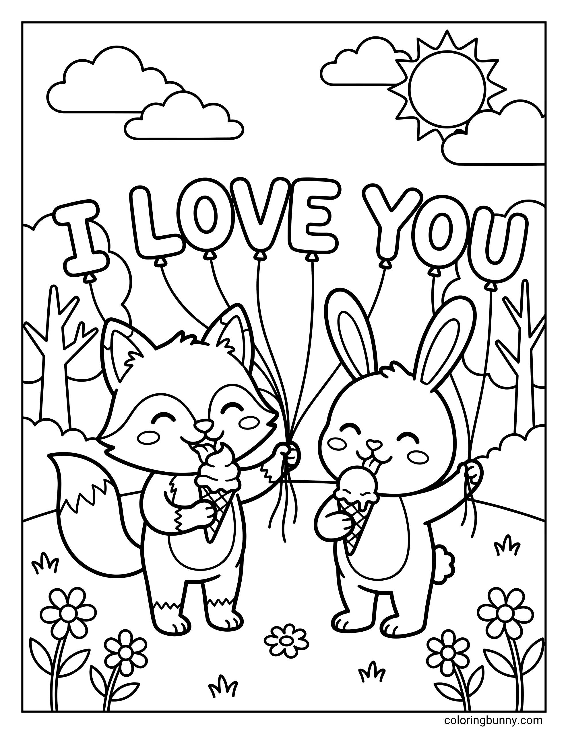 A coloring page of a cute fox and bunny licking ice cream cones in a meadow, with the bunny holding balloons that spell out 'I LOVE YOU' beneath a smiling sun.