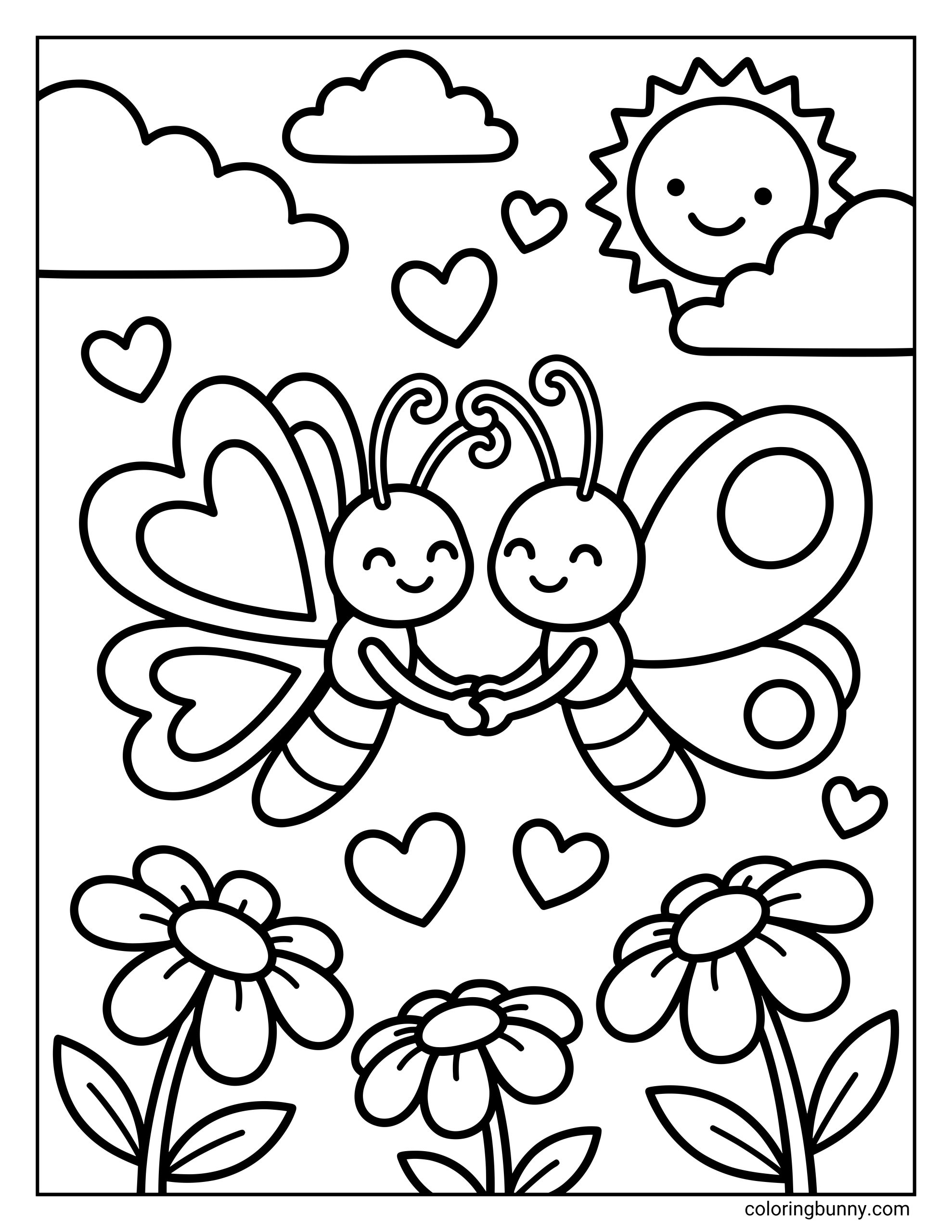 A butterfly coloring page featuring two smiling butterflies holding hands in a sky filled with hearts, fluffy clouds, and a smiling sun above a garden of daisies.
