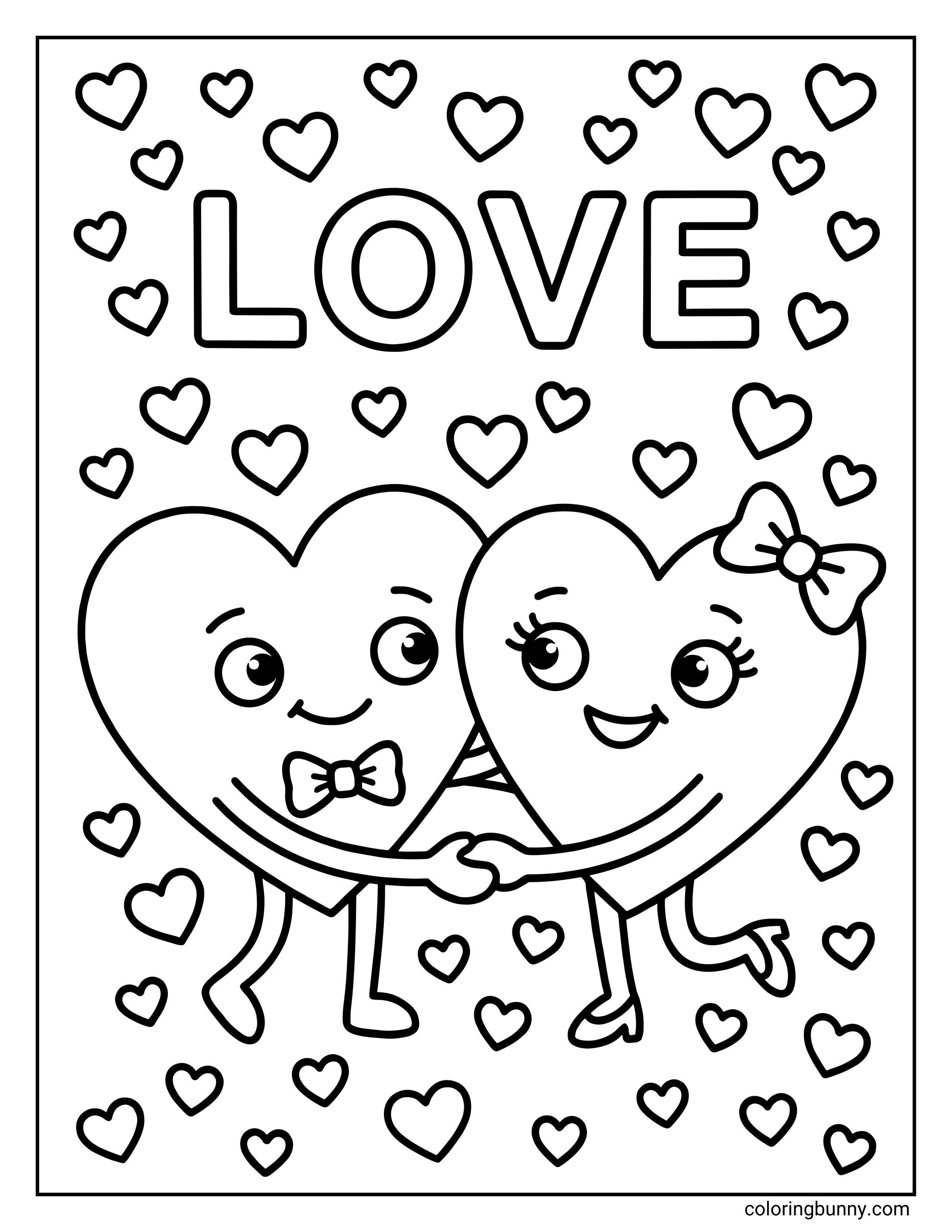 A hearts coloring page showing two cartoon heart characters holding hands, surrounded by many small hearts, with the word “LOVE” written above in large outlined letters.