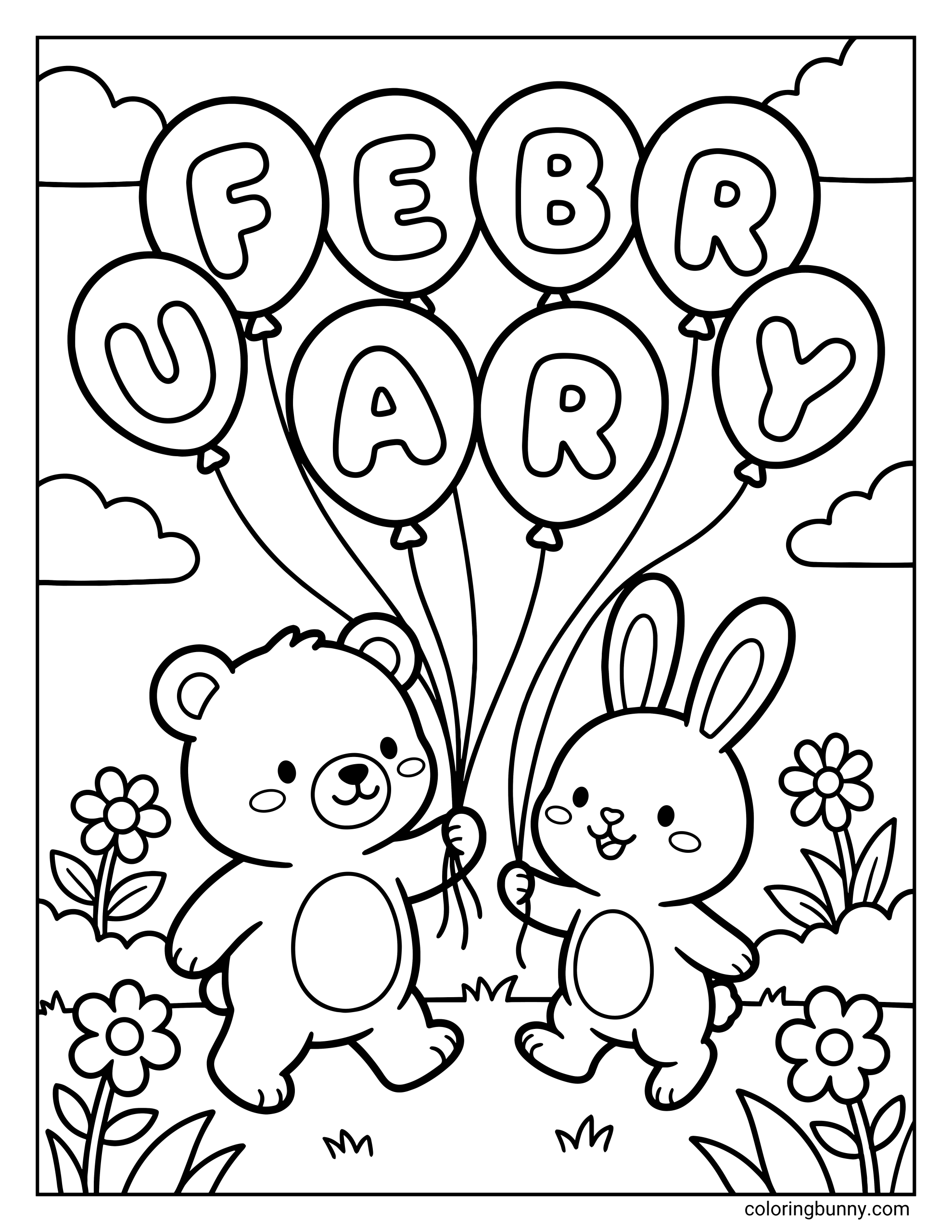 A February coloring page of a cute bear and rabbit standing in a flower field holding a bunch of balloons that spell out the word "FEBRUARY".