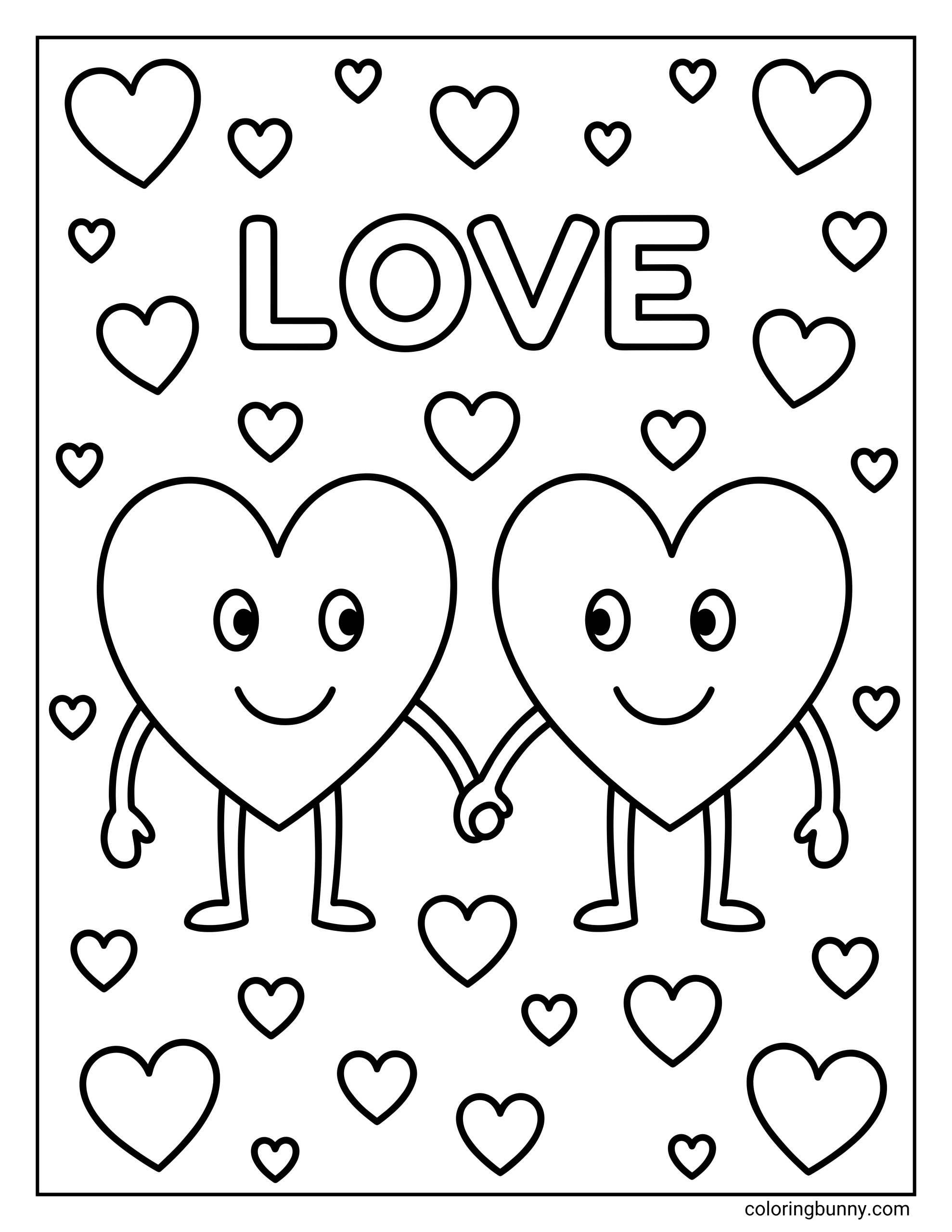 A simple heart coloring page of two happy heart characters holding hands while standing under the word LOVE and many smaller heart shapes.