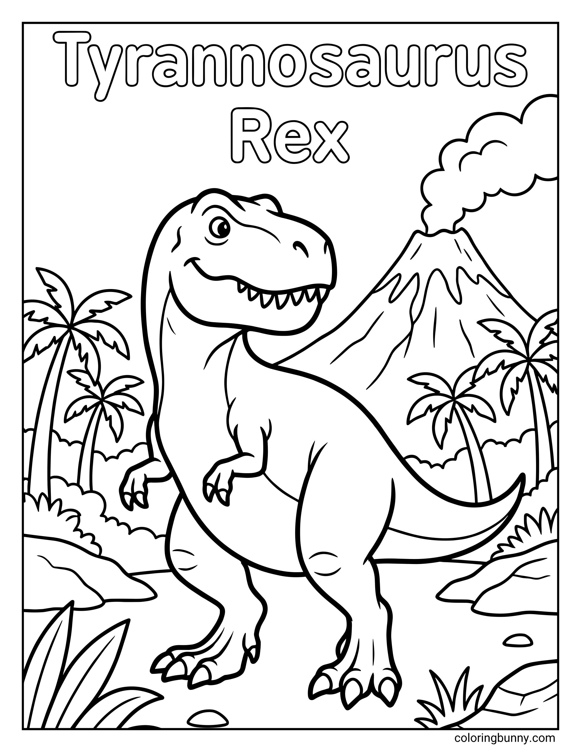 A Tyrannosaurus Rex dinosaur coloring page showing a friendly T-Rex standing in a prehistoric landscape with palm trees, rocks, and an erupting volcano in the background.
