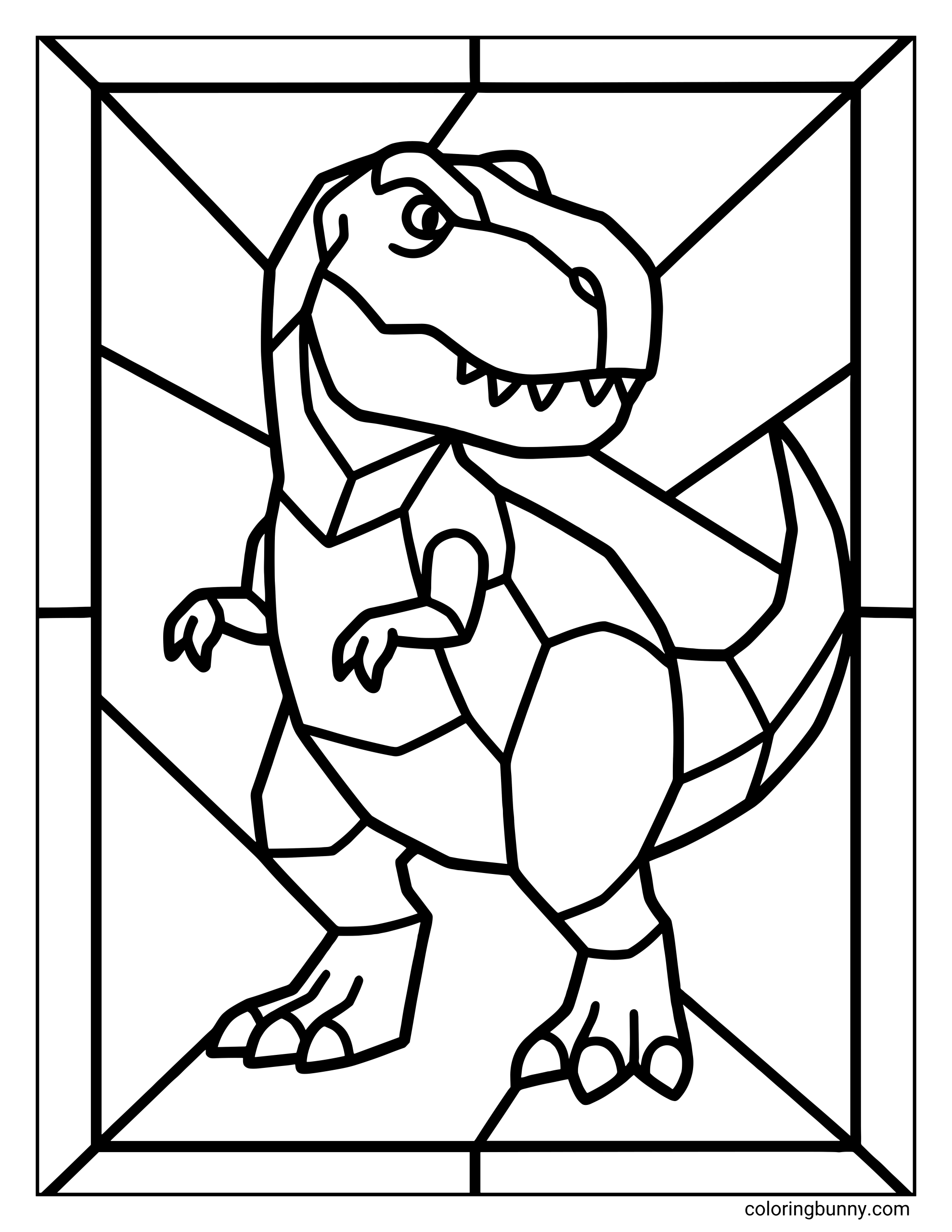 A Tyrannosaurus Rex stained glass coloring page showing a bold T-Rex design divided into geometric sections, framed in a stained-glass-style border.