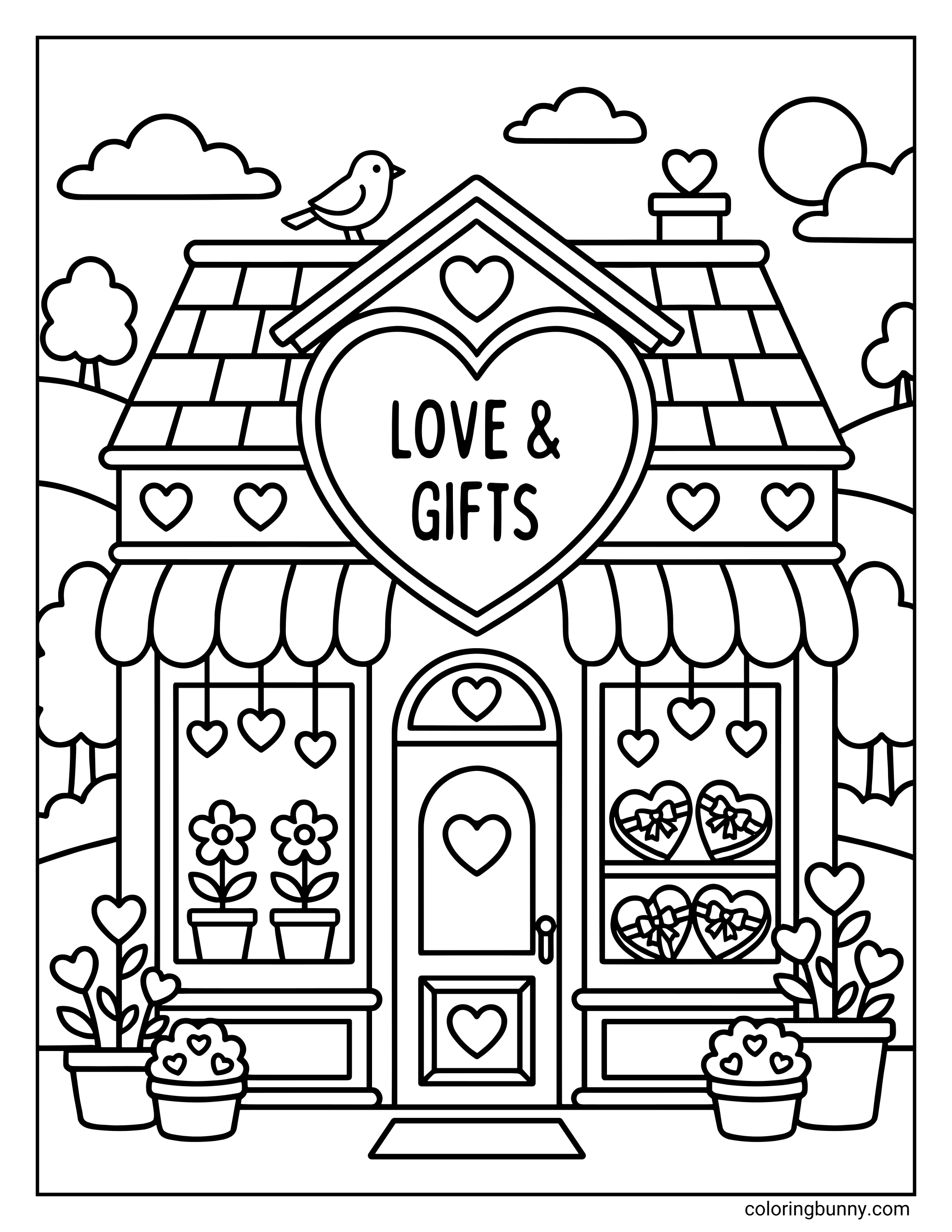 A valentines day coloring page of a charming gift shop with heart shaped decorations flower pots and boxes of chocolate under a bright sun and clouds