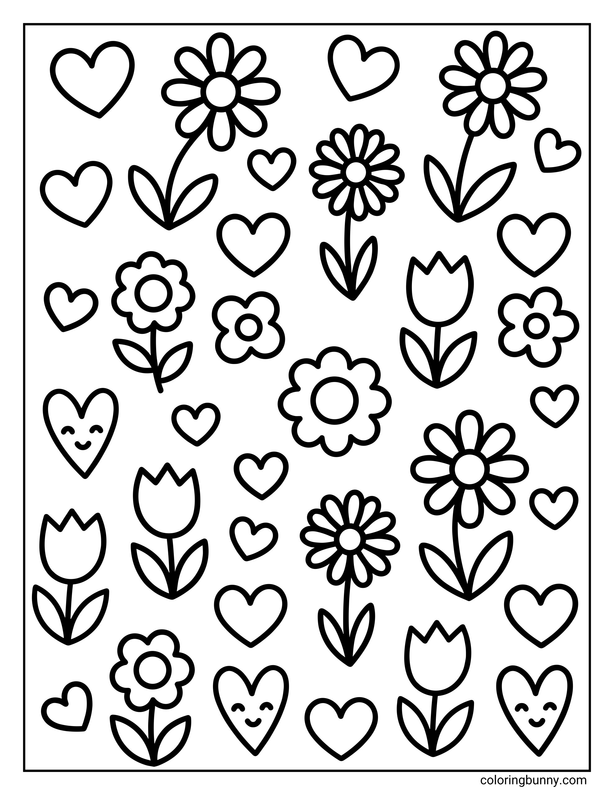 An easy hearts and flowers coloring page for kids filled with a pattern of daisies, tulips, and small hearts, some with cute smiley faces.