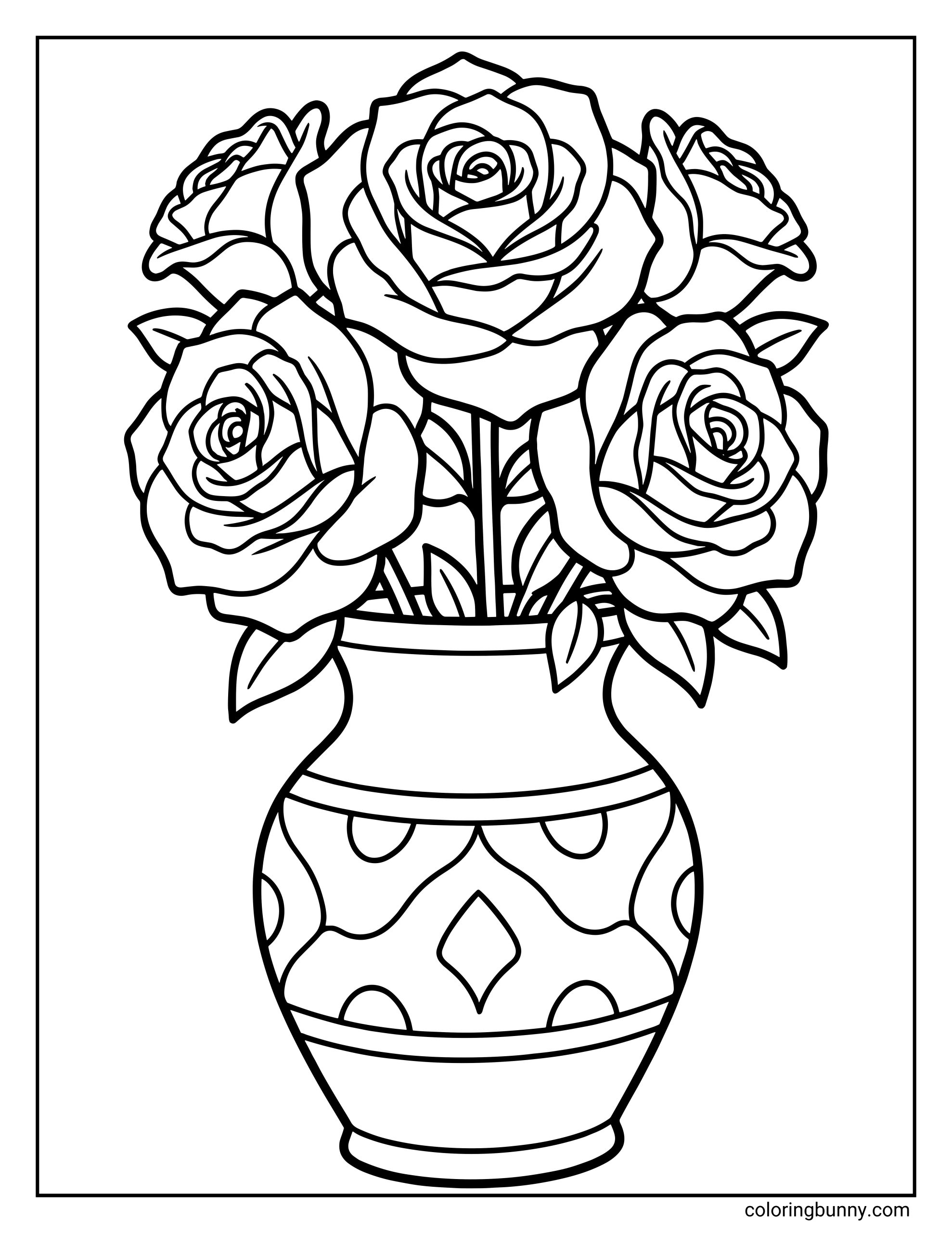 A vase of roses coloring page featuring a bouquet of blooming roses arranged in a decorative patterned vase, with layered petals, leaves, and bold, clean outlines.