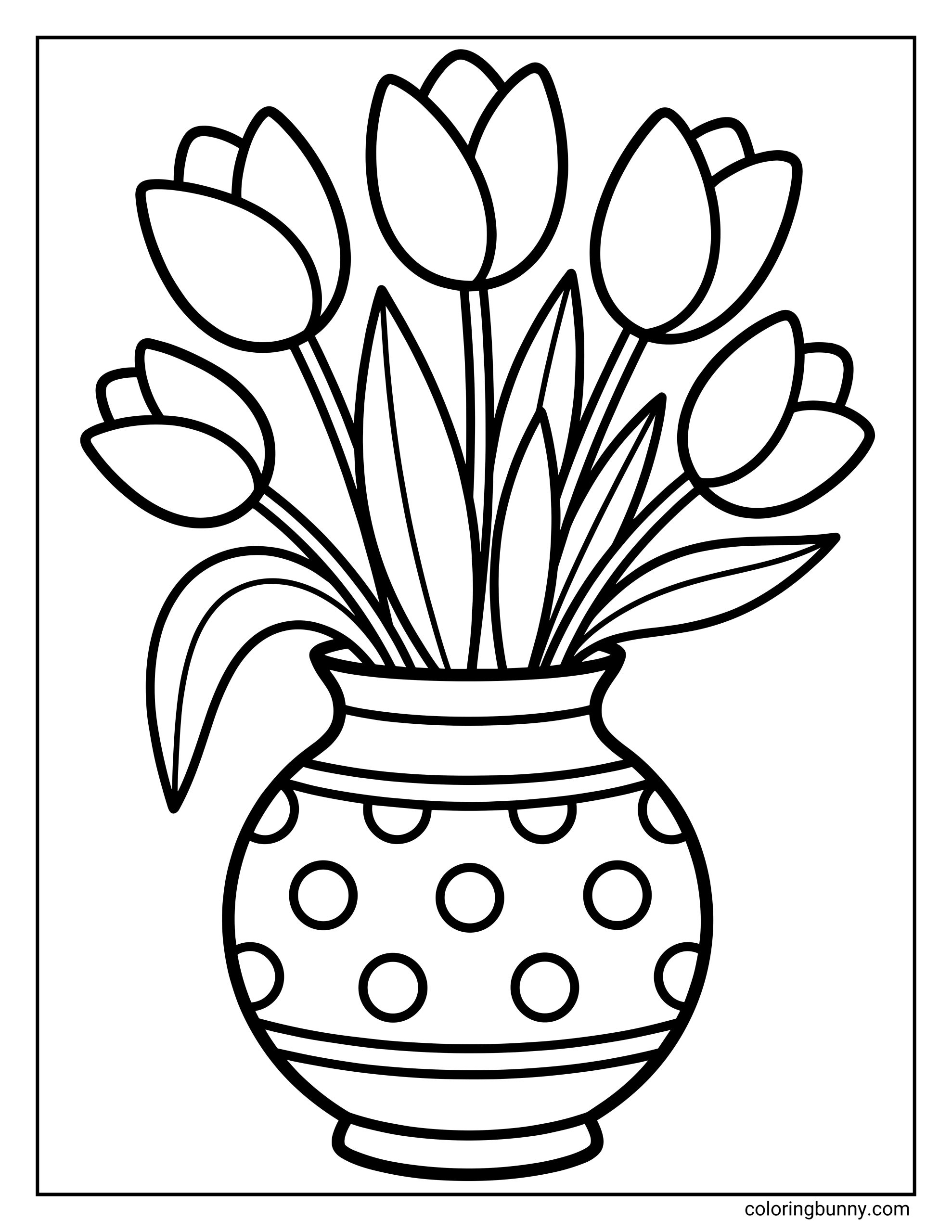 A simple vase of tulips coloring page featuring a bouquet of tulip flowers with smooth, rounded petals arranged in a patterned vase, with long leaves and bold, clean outlines.