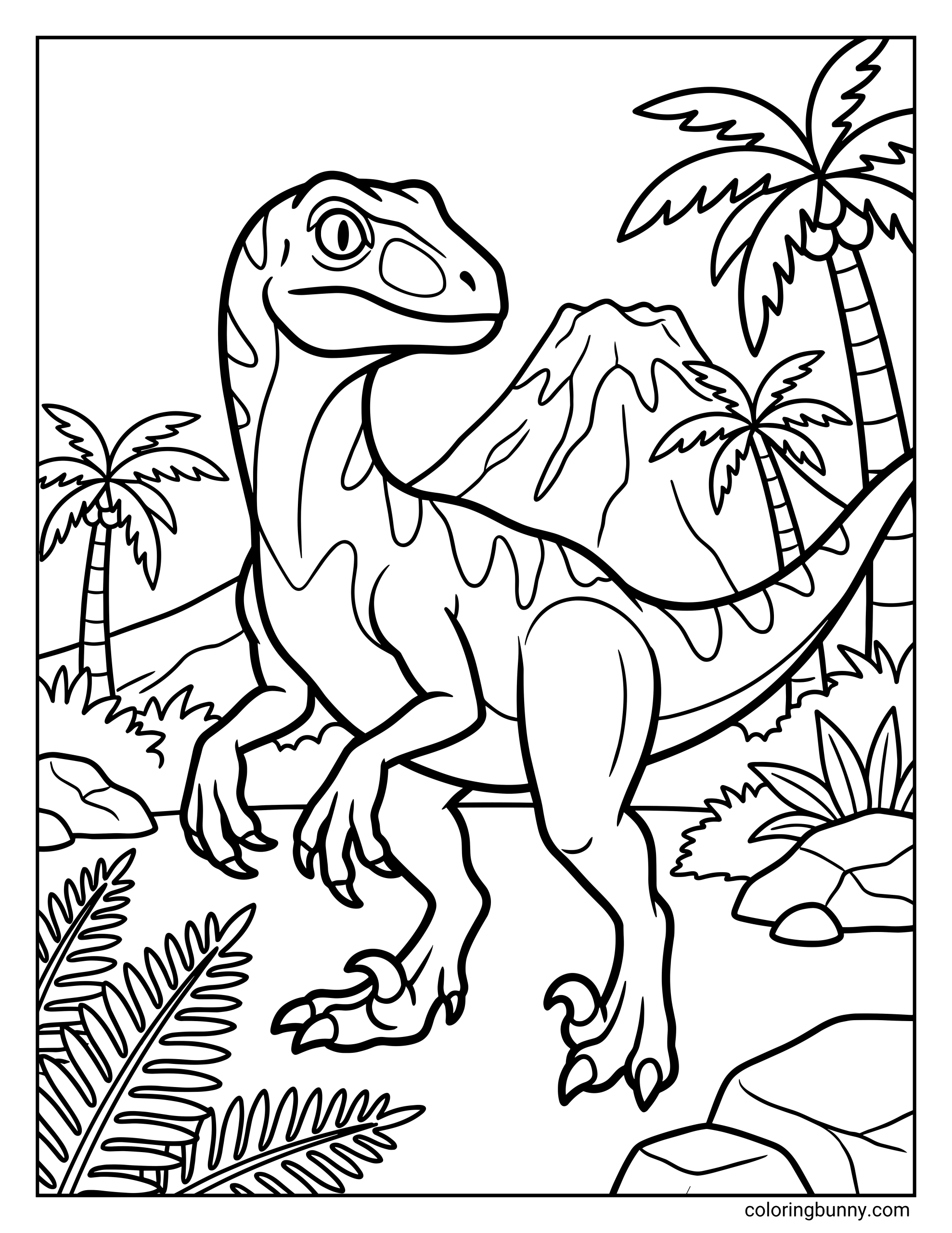 A Velociraptor dinosaur Jurassic scene coloring page showing a detailed raptor standing alert among palm trees, rocks, and a volcano in the background.