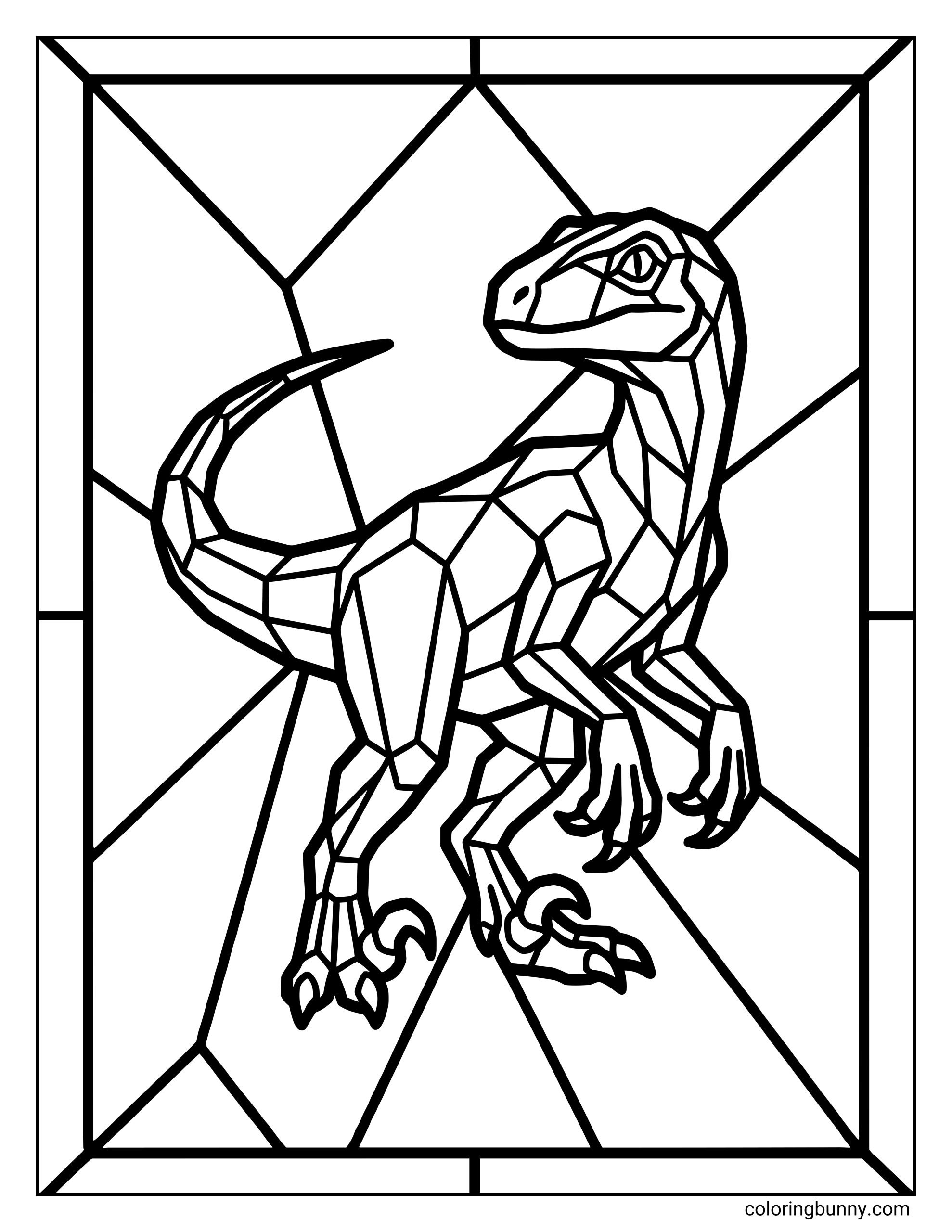A Velociraptor dinosaur stained glass coloring page featuring a sleek Velociraptor posed mid-step, divided into sharp geometric panels and framed in a stained-glass-style border.