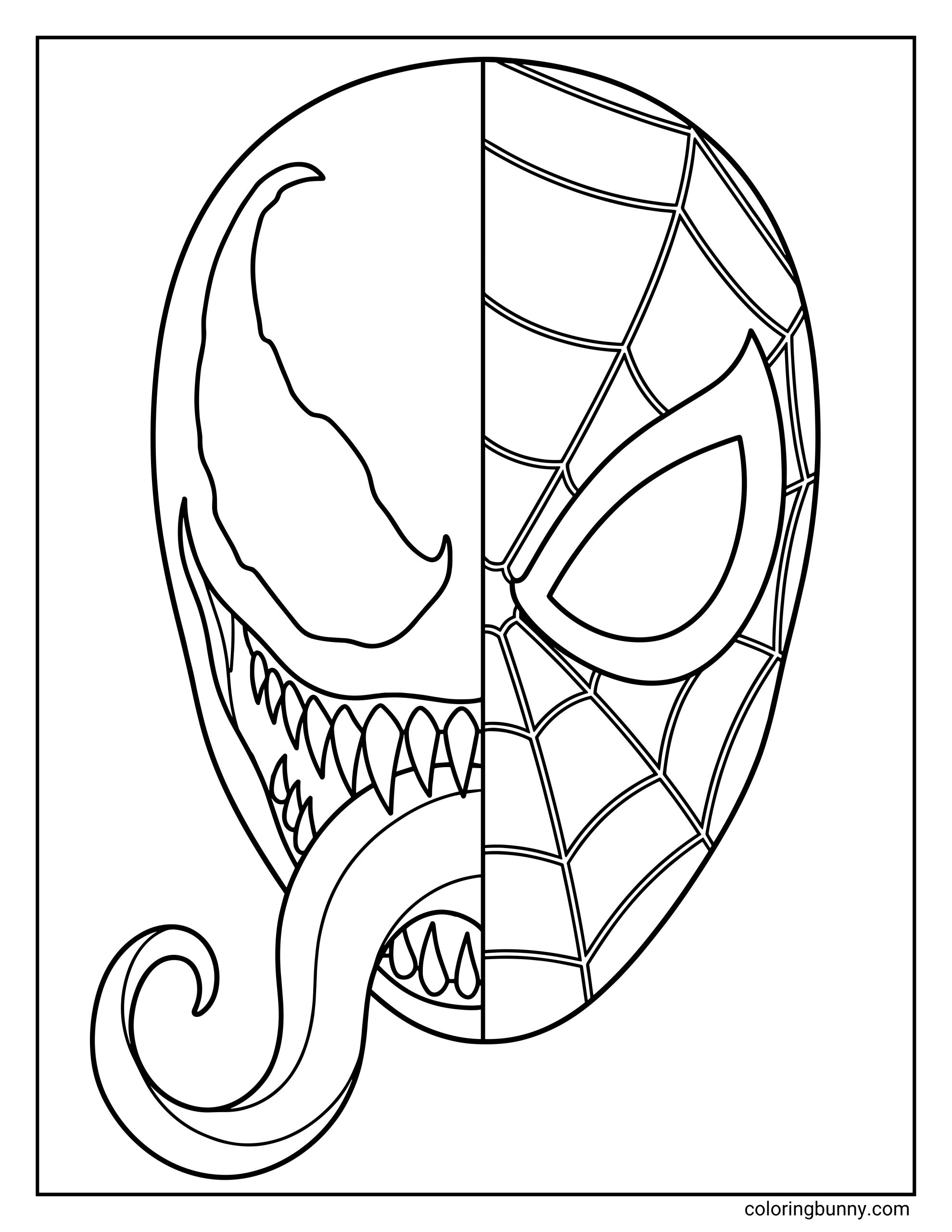 A coloring page featuring a split-view of a face; the right side is Spider-Man’s webbed mask, and the left side is Venom with sharp teeth and a long, curling tongue.