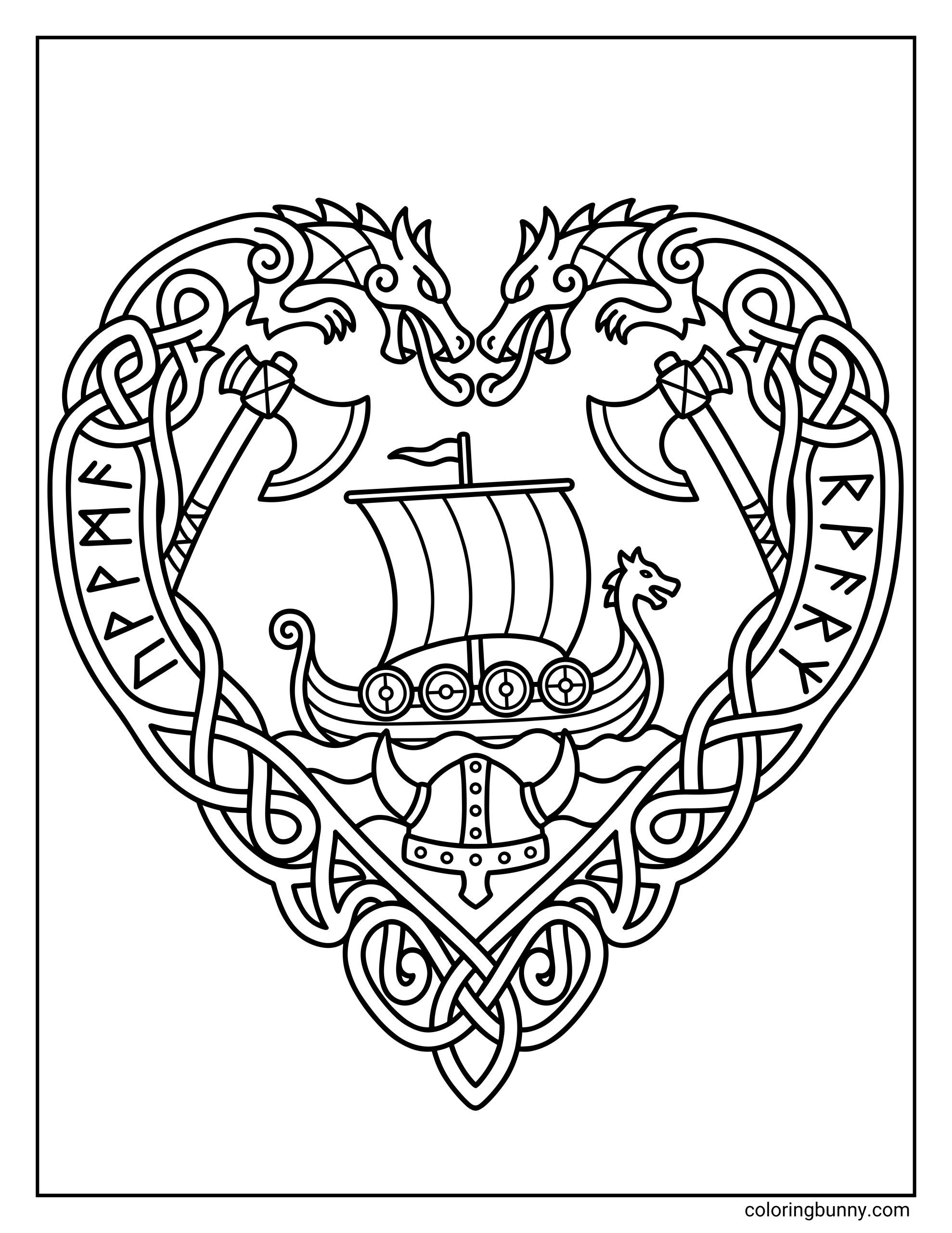 A detailed coloring page of a heart-shaped knotwork design with a Viking ship, two axes, and a horned helmet.