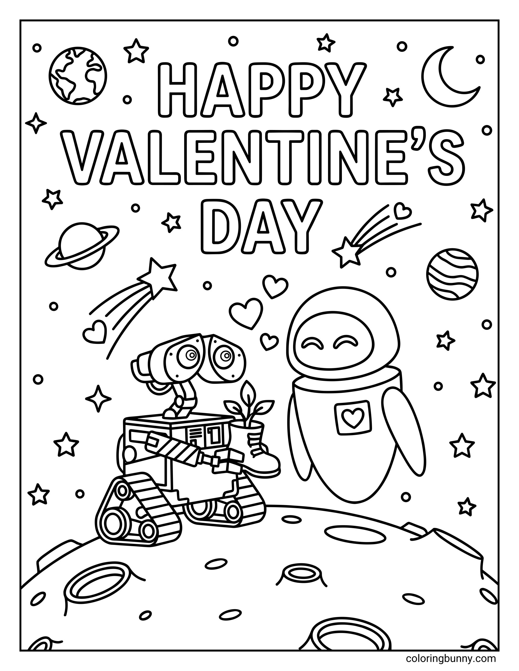 A coloring scene featuring Wall-E and Eve on a cratered moon surface surrounded by planets and stars under the bold text "HAPPY VALENTINE'S DAY."