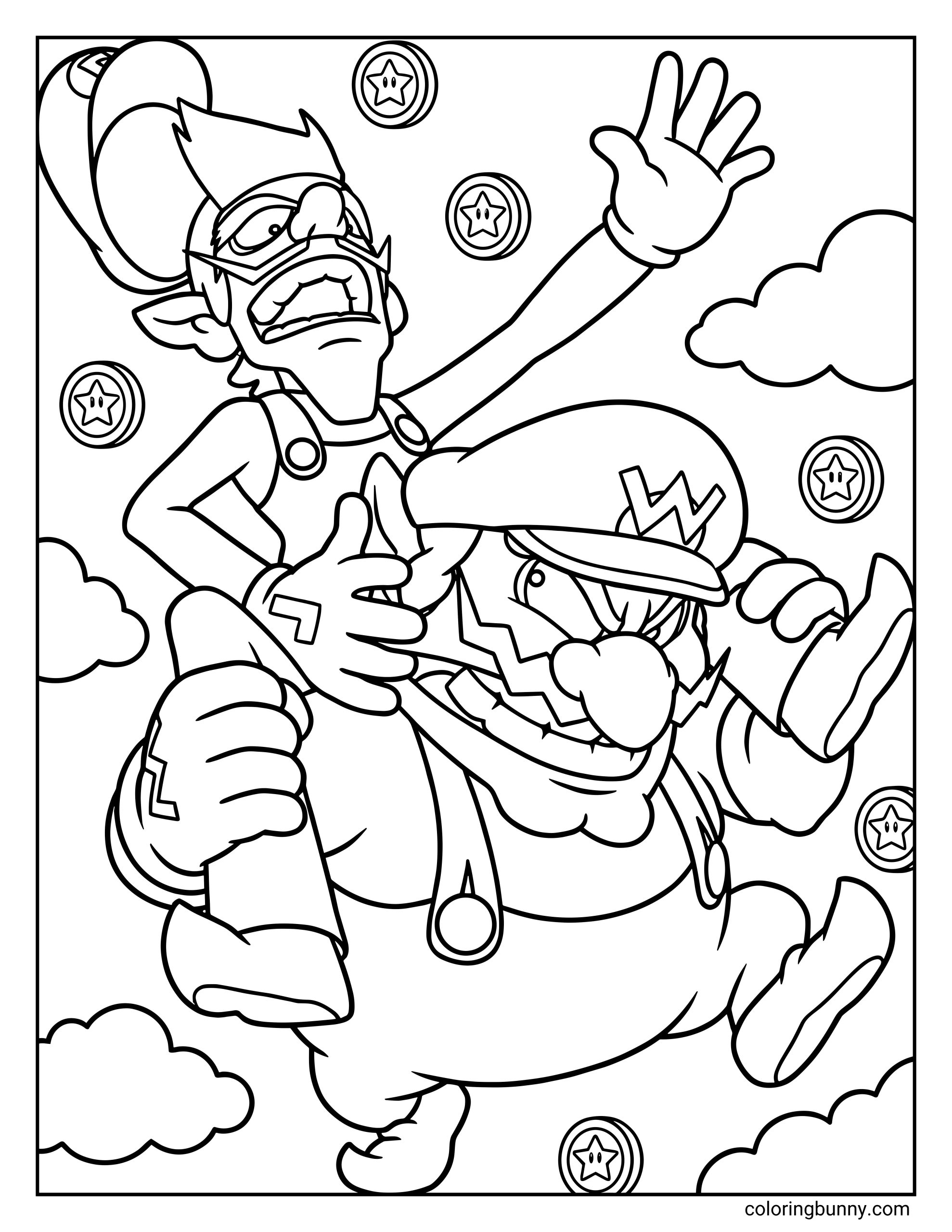 A Wario and Waluigi coloring page from the Mario universe featuring Wario charging forward with a mischievous grin while carrying Waluigi over his shoulder. Waluigi reaches upward dramatically as star coins float around them and clouds fill the background. The exaggerated poses and bold, clean outlines create a chaotic, high-energy scene that’s fun to color.