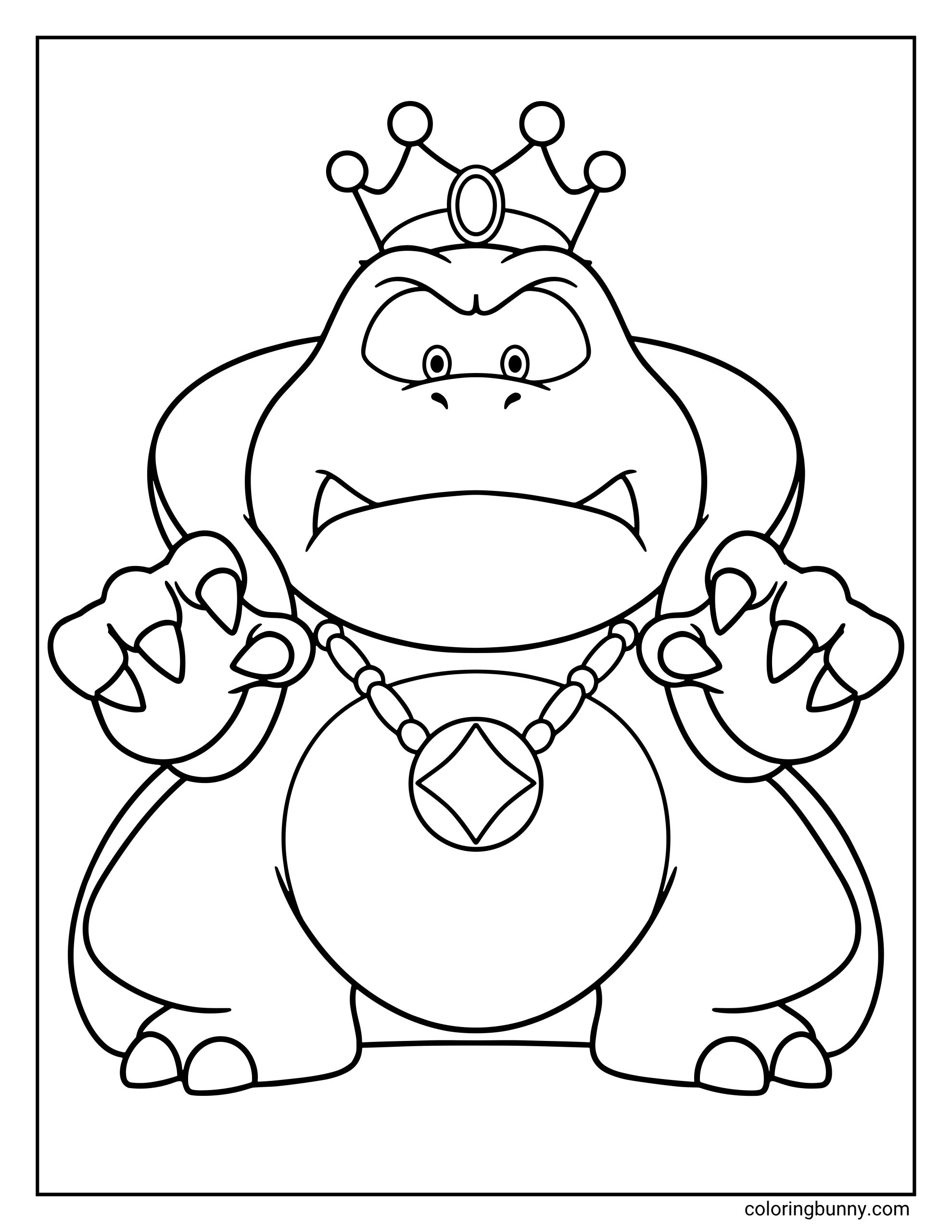 A simple coloring page of the villainous King Wart from Mario. The large, frog-like king is shown from the front with a grumpy expression, wearing his signature crown and a medallion necklace. His hands are raised with claws visible.