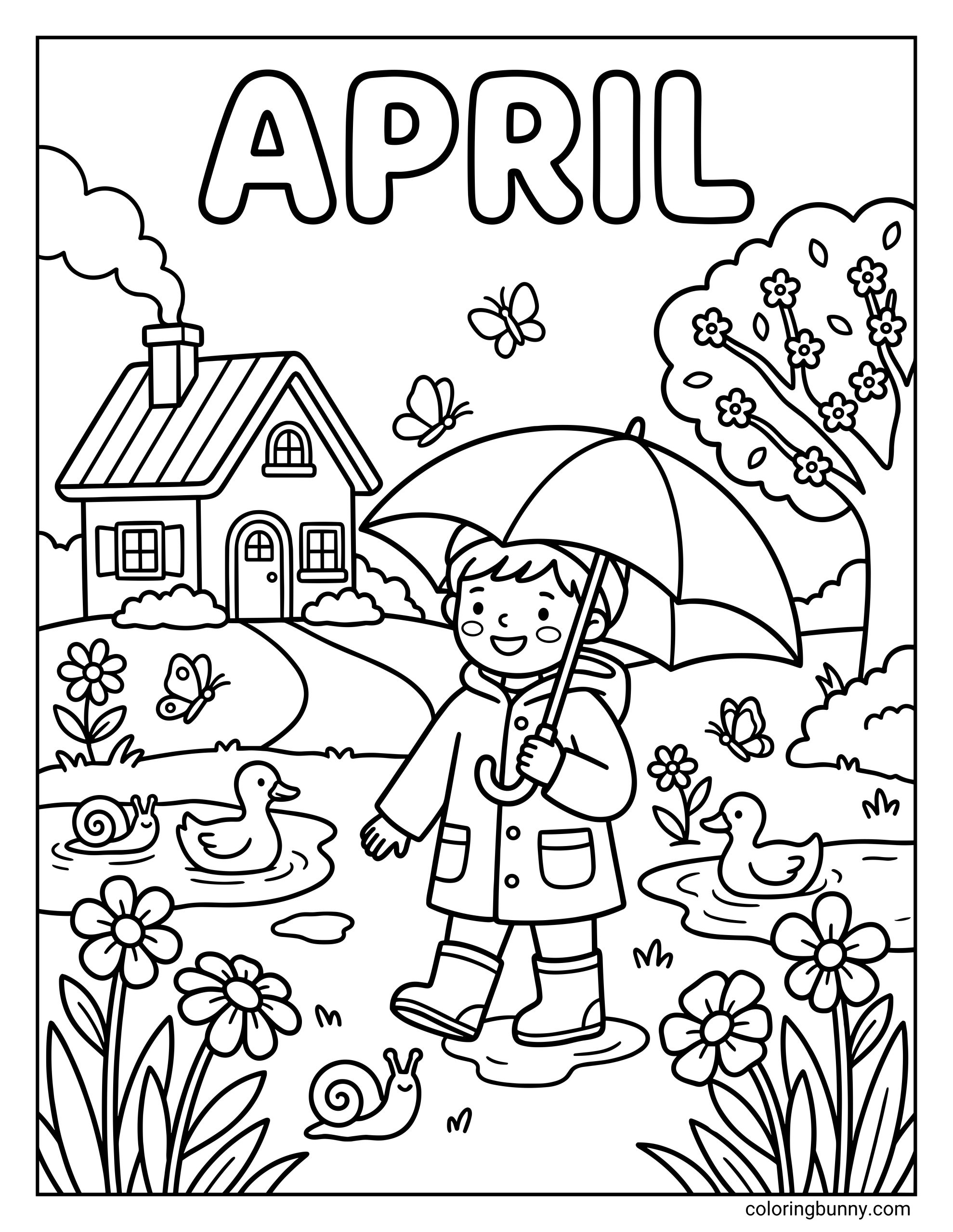 A wholesome coloring page featuring the text "APRIL" above a child in a raincoat holding an umbrella, surrounded by ducks in puddles, snails, flowers, and a cozy house.